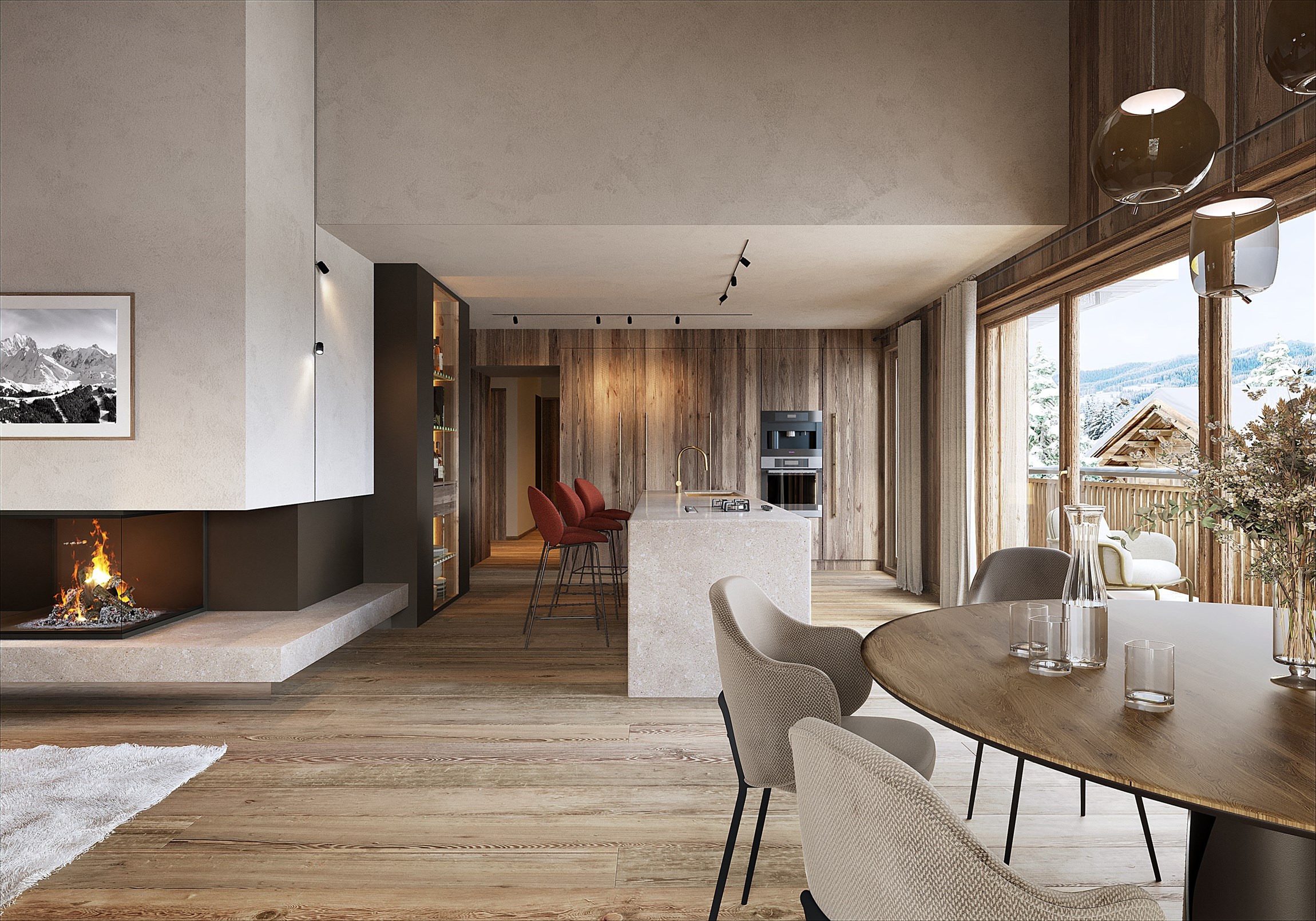 Perspective 3d réaliste d'une cuisine depuis le séjour d'un appartement d'exception à Megève