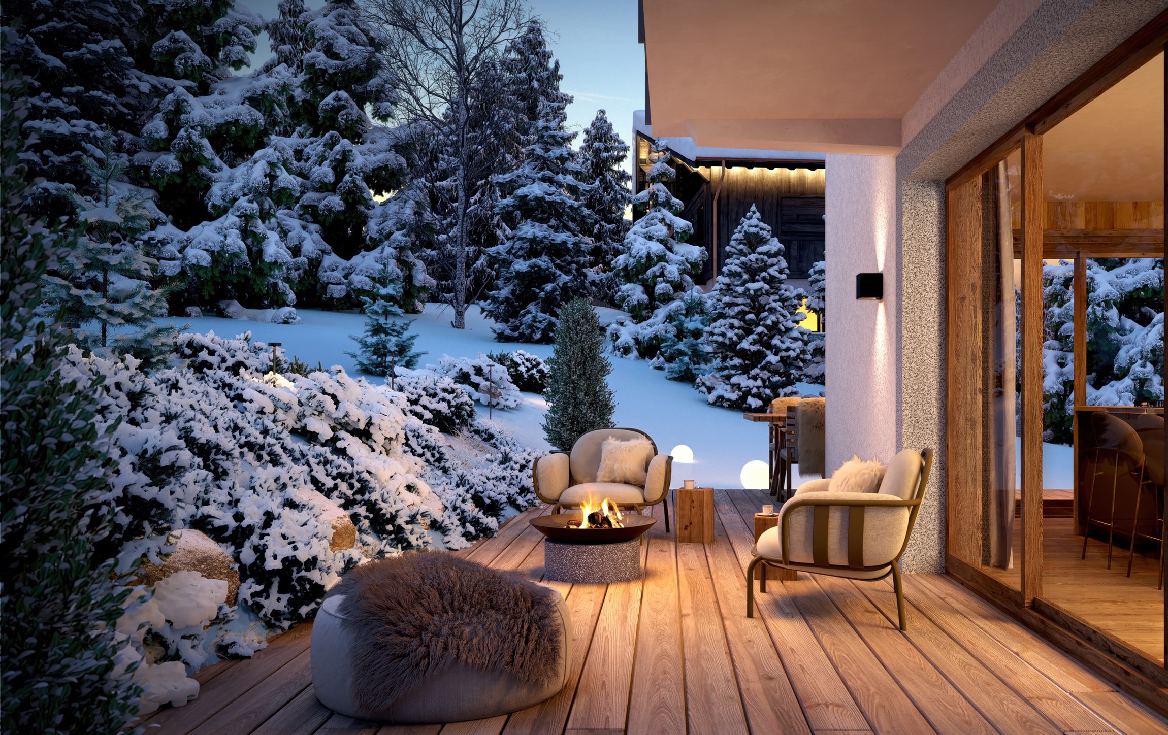 Perspective 3d réaliste d'une terrasse avec brasero d'un appartement d'exception à Megève