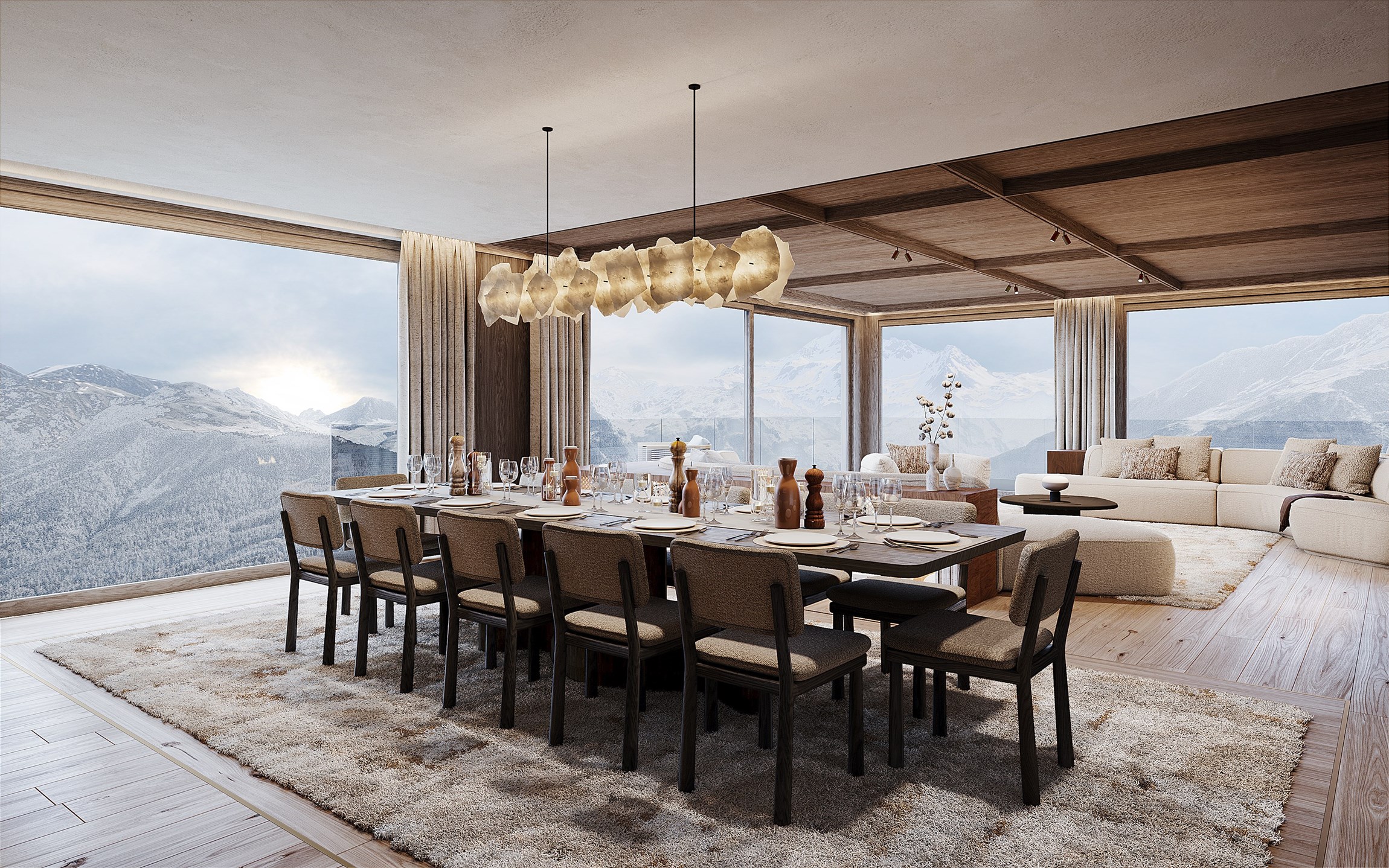 Perspective 3D de la salle à manger d'un appartement d'exception avec vue sur les sommets, d'un hôtel résidence à Courchevel 1850