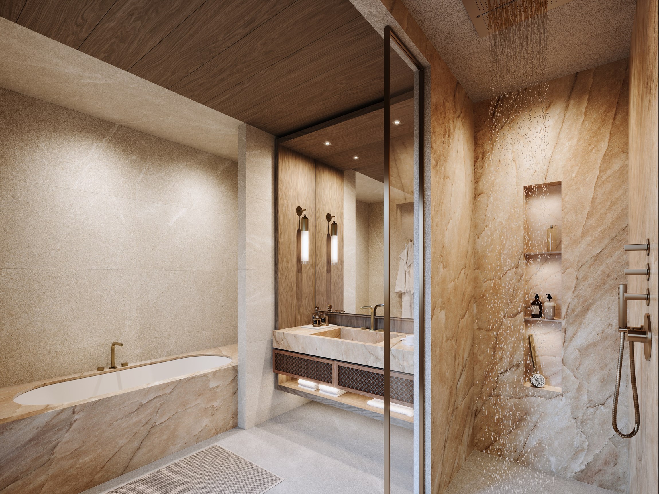 Perspective 3D de la salle de bain master d'un appartement d'exception dans un hôtel résidence, à Courchevel 1850