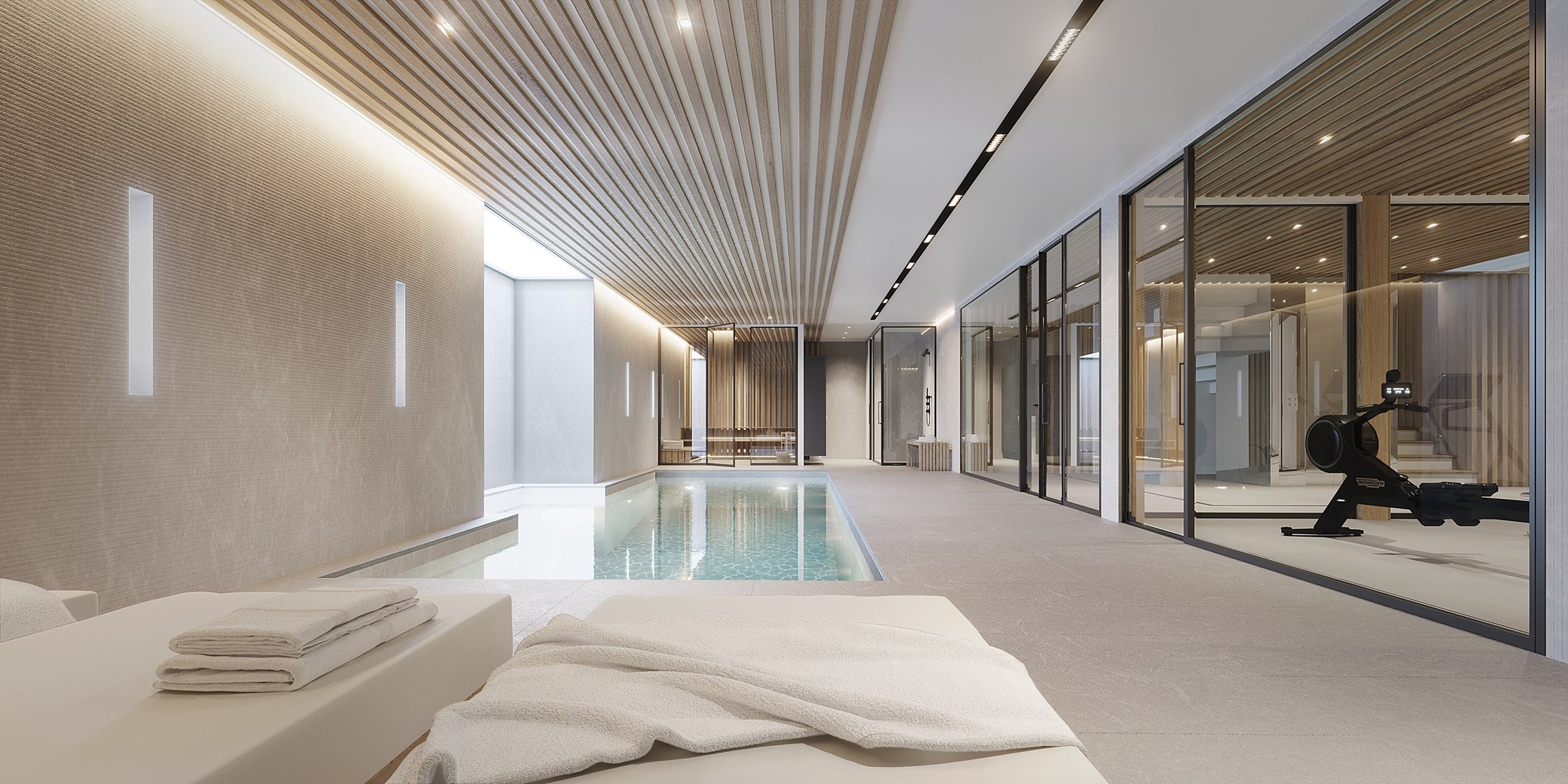 Perspective 3D d'un espace bien-être haut de gamme intégrant un spa, une piscine intérieure et une salle de sport pour un chalet de luxe dans les Alpes.