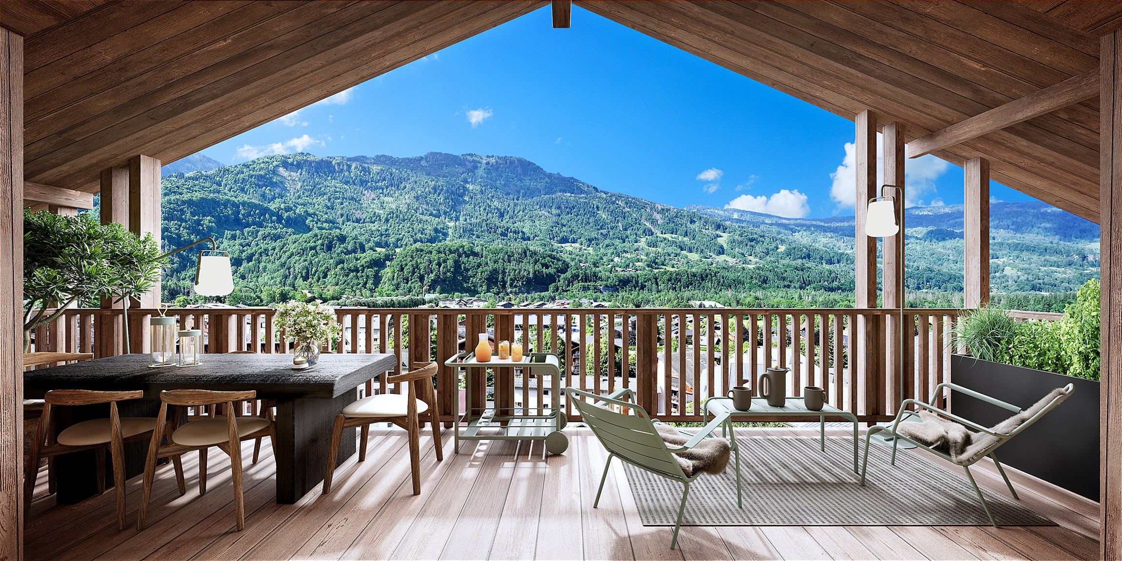 Rendu 3D photoréaliste de la terrasse avec vue sur les montagnes d'un appartement attique d'une résidence haut de gamme dans les alpes.