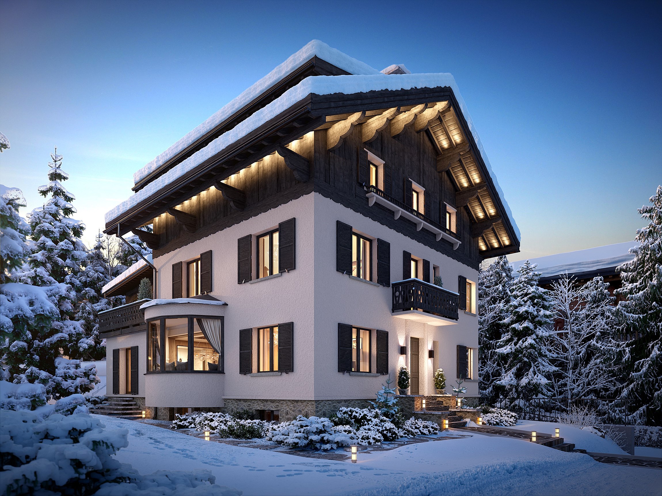 Perspective 3d réaliste de l'extérieur, en fin de journée, d'un chalet de luxe classé, en plein coeur de Megève