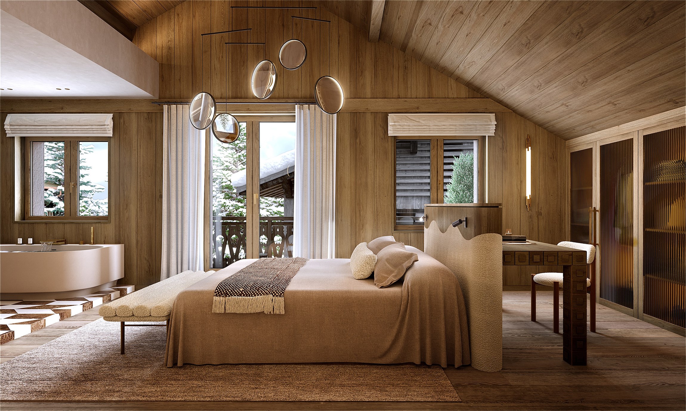 Perspective 3d réaliste de la chambre master d'un chalet de luxe classé, en plein coeur de Megève