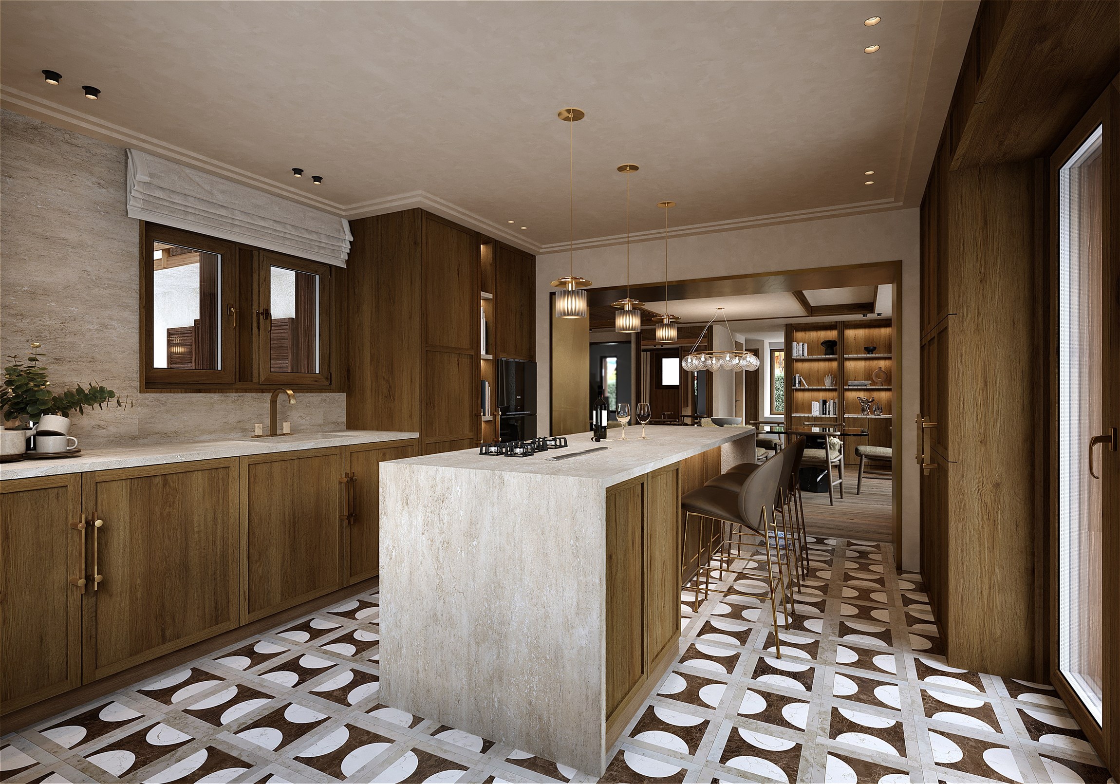 Perspective 3d réaliste d'une cuisine contemporaine d'un chalet de luxe classé, en plein coeur de Megève