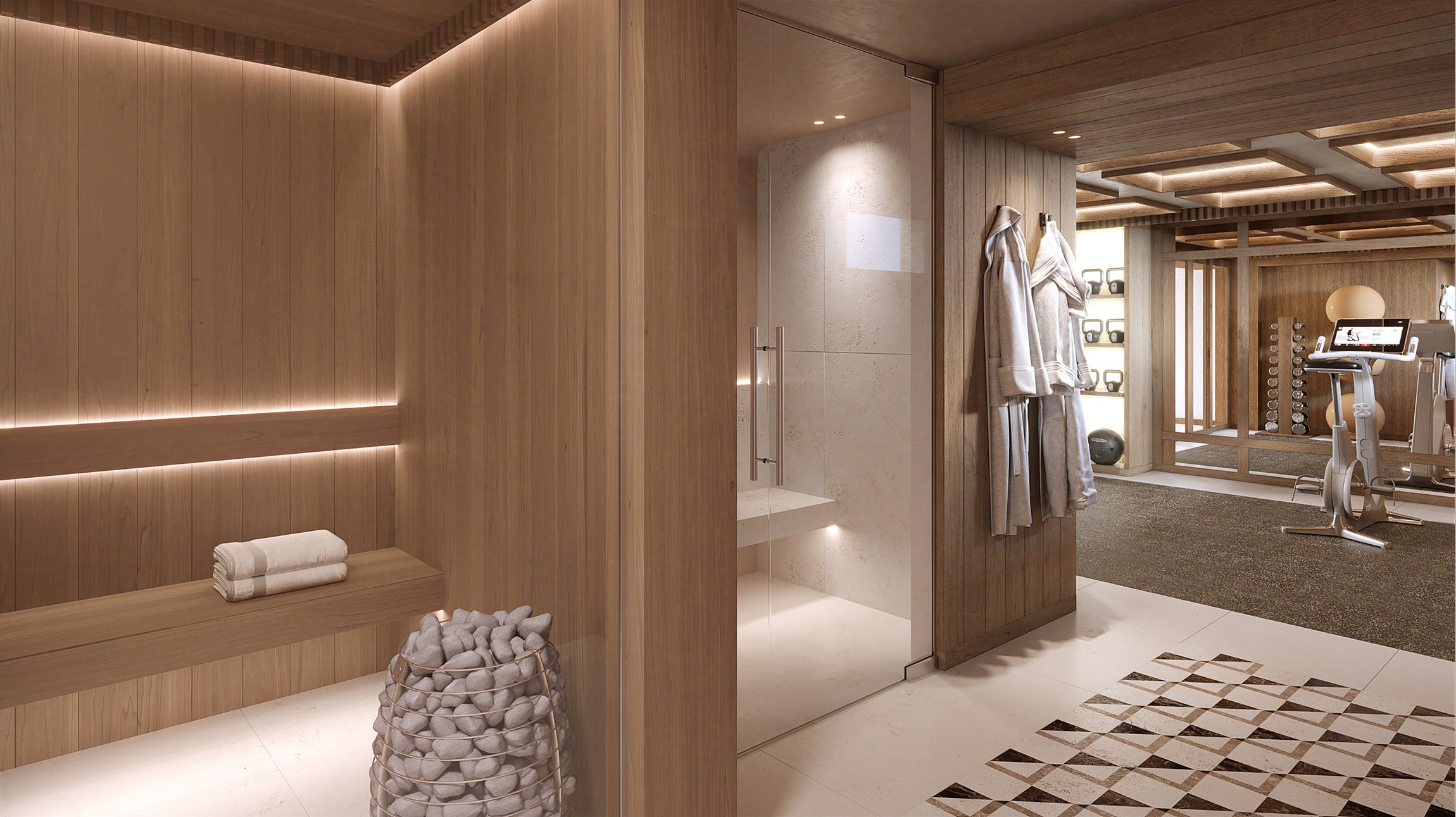 Perspective 3d réaliste de l'espace bien-être d'un chalet de luxe classé, en plein coeur de Megève