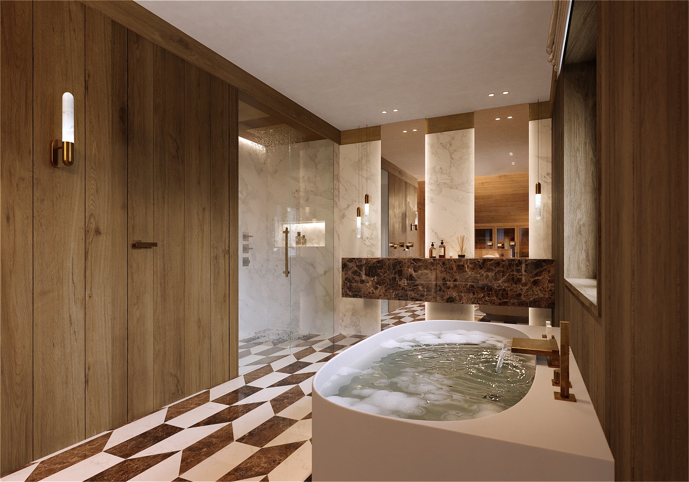 Perspective 3d réaliste de la salle de bain master d'un chalet de luxe classé, en plein coeur de Megève