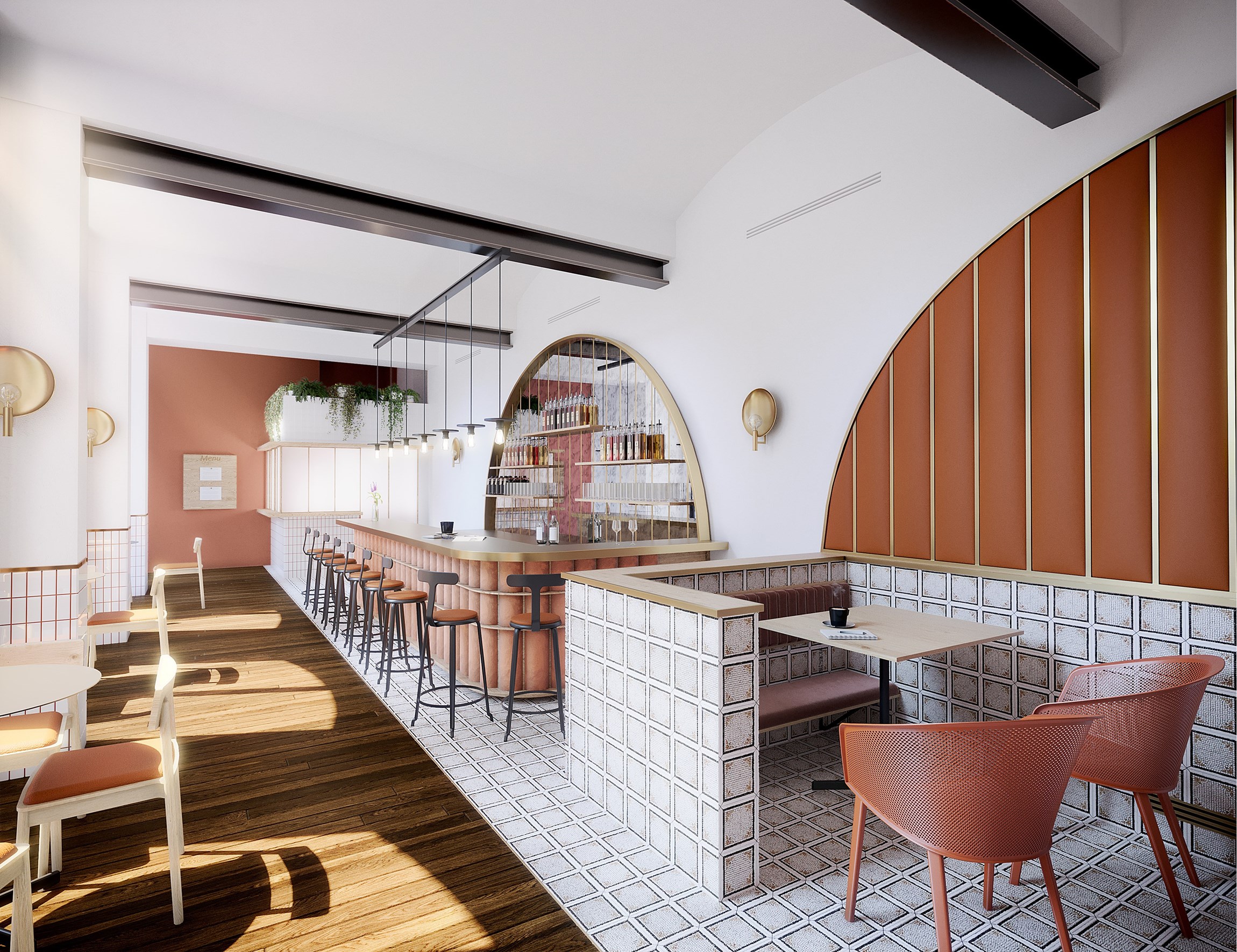 Perspective 3D du bar - restaurant d'une rénovation d'un immeuble ancien en bureaux d'exception, à Paris 10e