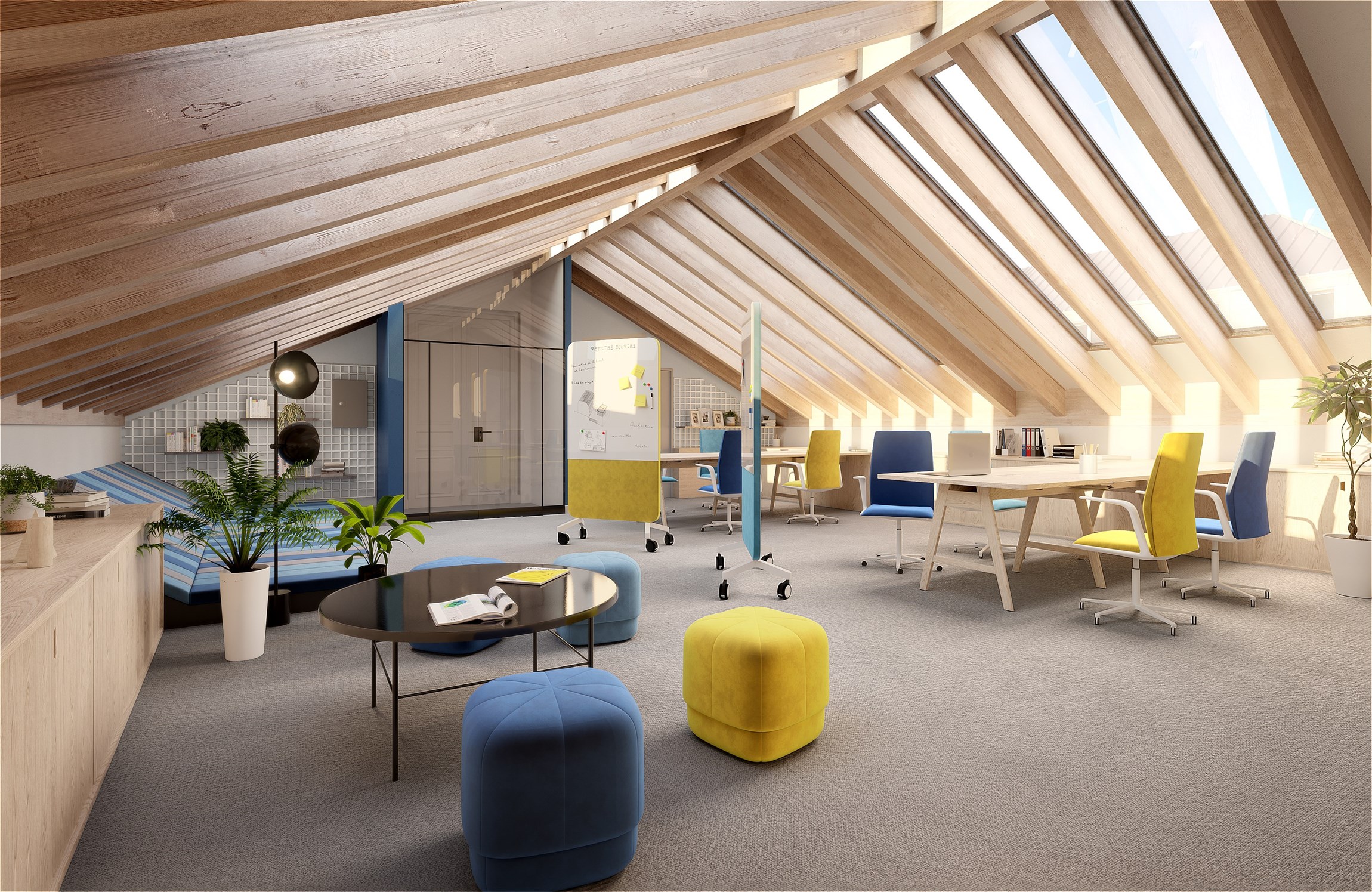 Perspective 3D d'un open-space dans les combles d'une rénovation d'immeuble ancien en bureaux d'exception, à Paris 10e