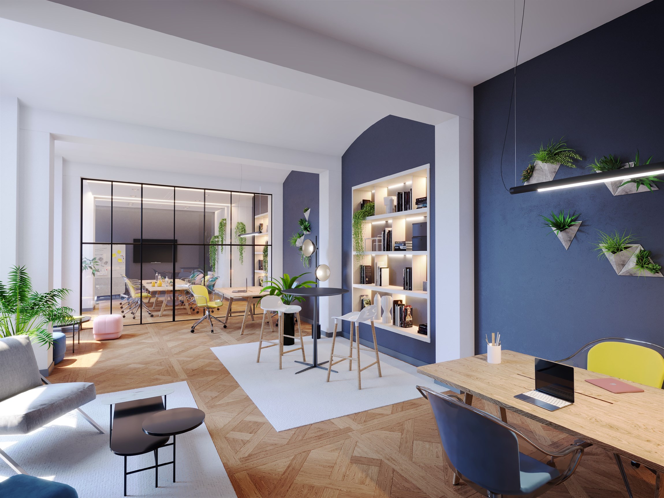 Perspective 3D d'un cool working d'une rénovation d'immeuble ancien en bureaux d'exception, à Paris 10e