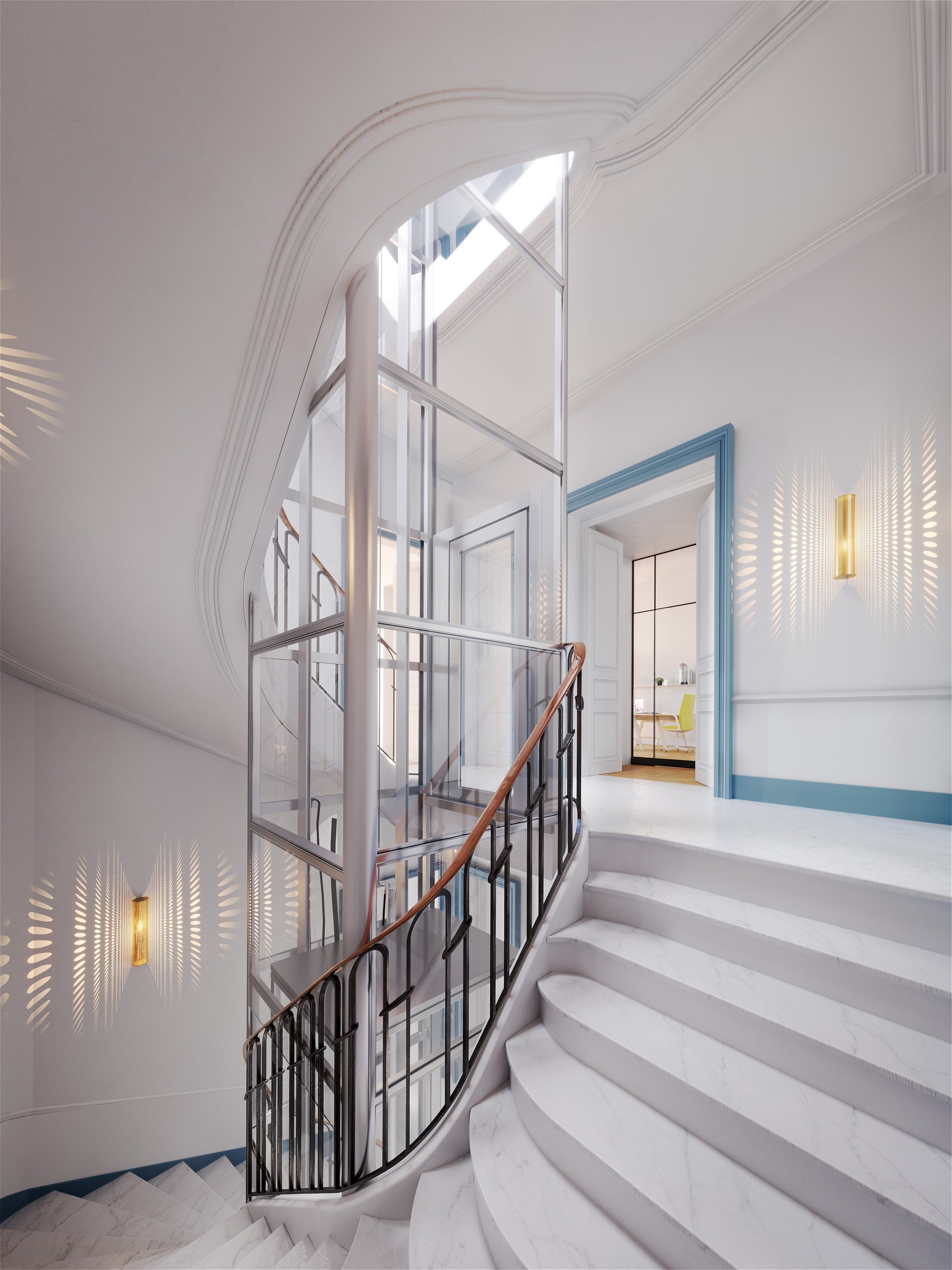 Perspective 3D de l'escalier d'une rénovation d'immeuble ancien en bureaux d'exception, à Paris 10e