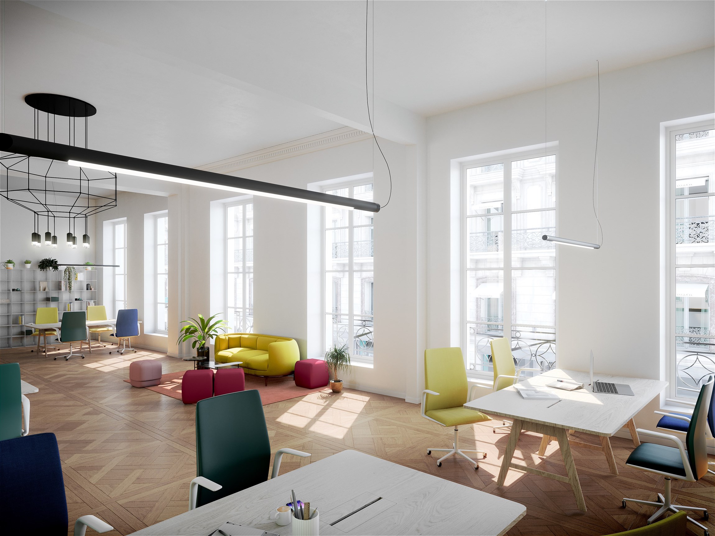 Perspective 3D d'un open-space d'une rénovation d'un immeuble ancien en bureaux d'exception, à Paris 10e