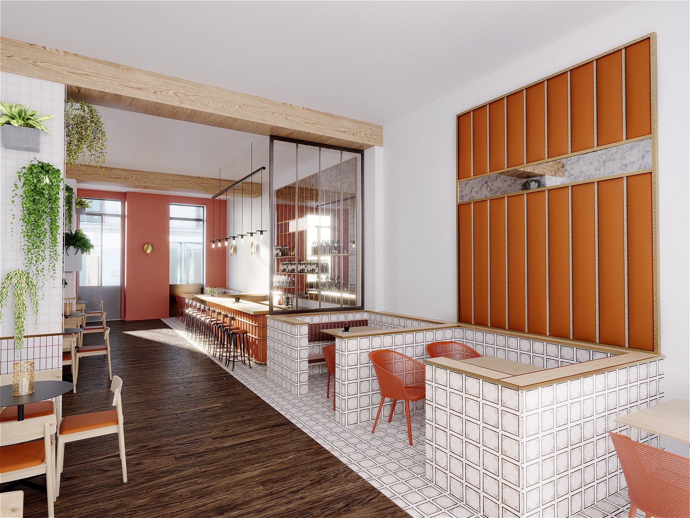 Perspective 3D d'un restaurant d'une rénovation d'un immeuble ancien en bureaux d'exception, à Paris 10e