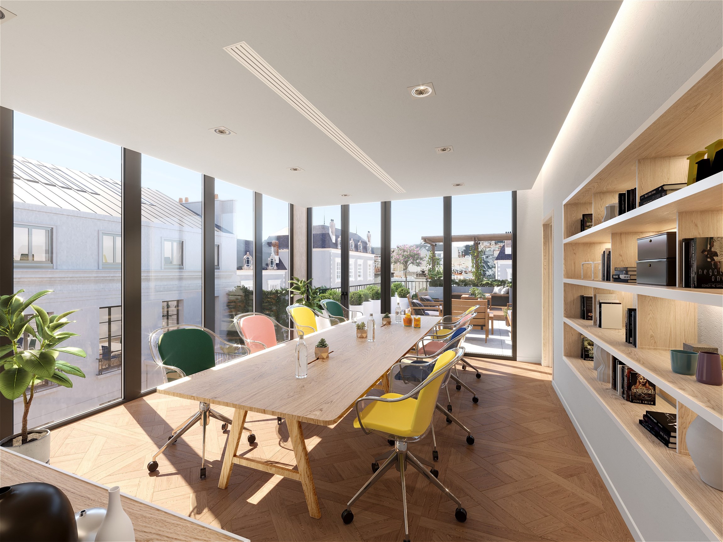 Perspective 3D d'une salle de réunion d'une rénovation d'immeuble ancien en bureaux d'exception, à Paris 10e