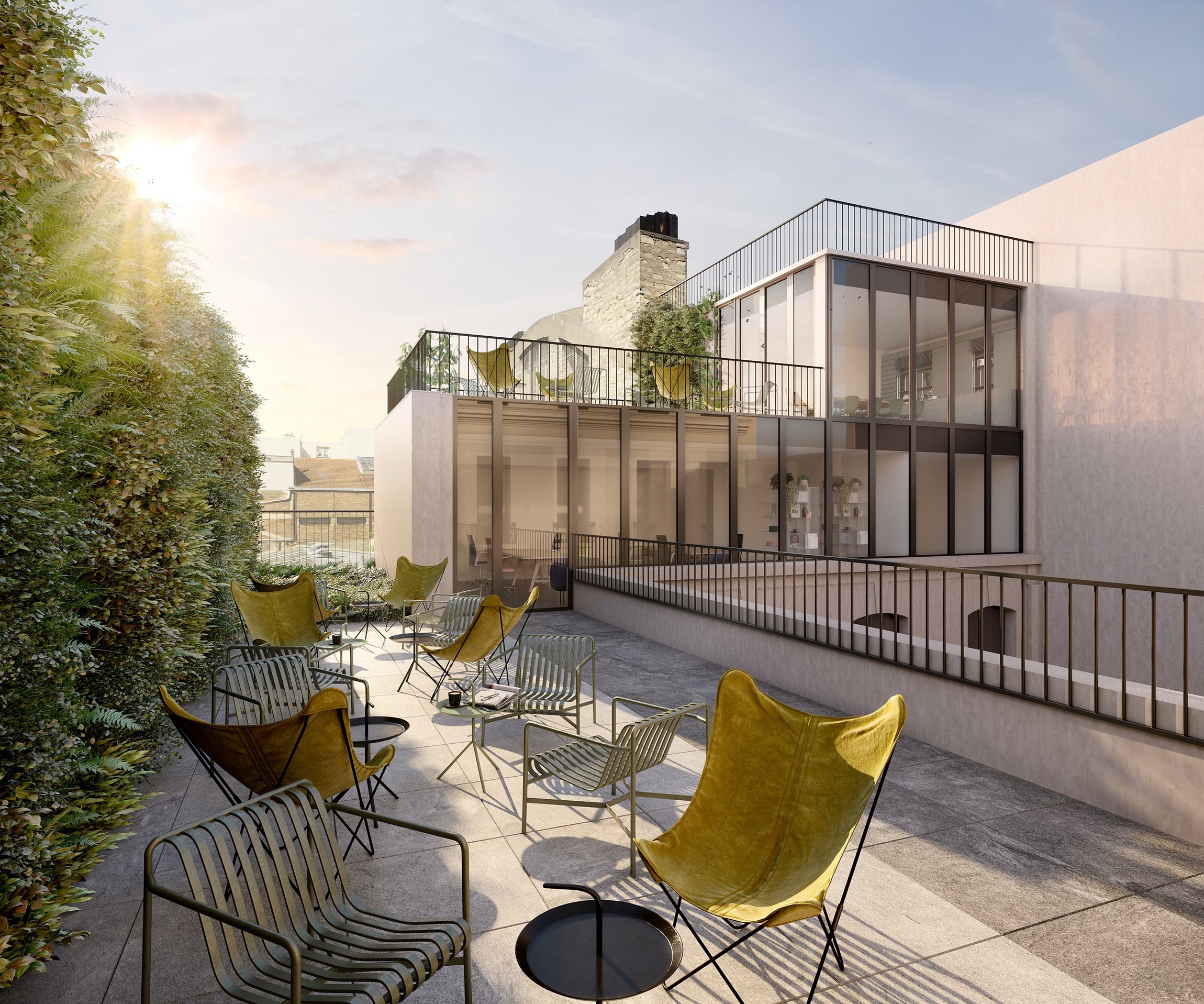 Perspective 3D de la terrasse en fin de journée, d'une rénovation d'immeuble ancien en bureaux d'exception, à Paris 10e