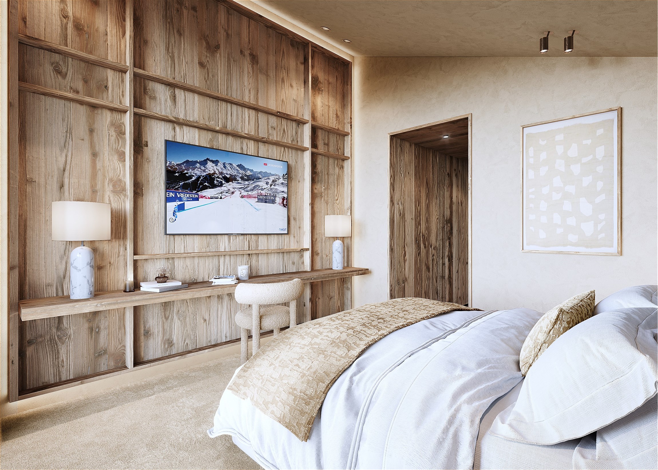 Perspectives 3d d'une suite d'un appartement dans une résidence haut de gamme à Courchevel