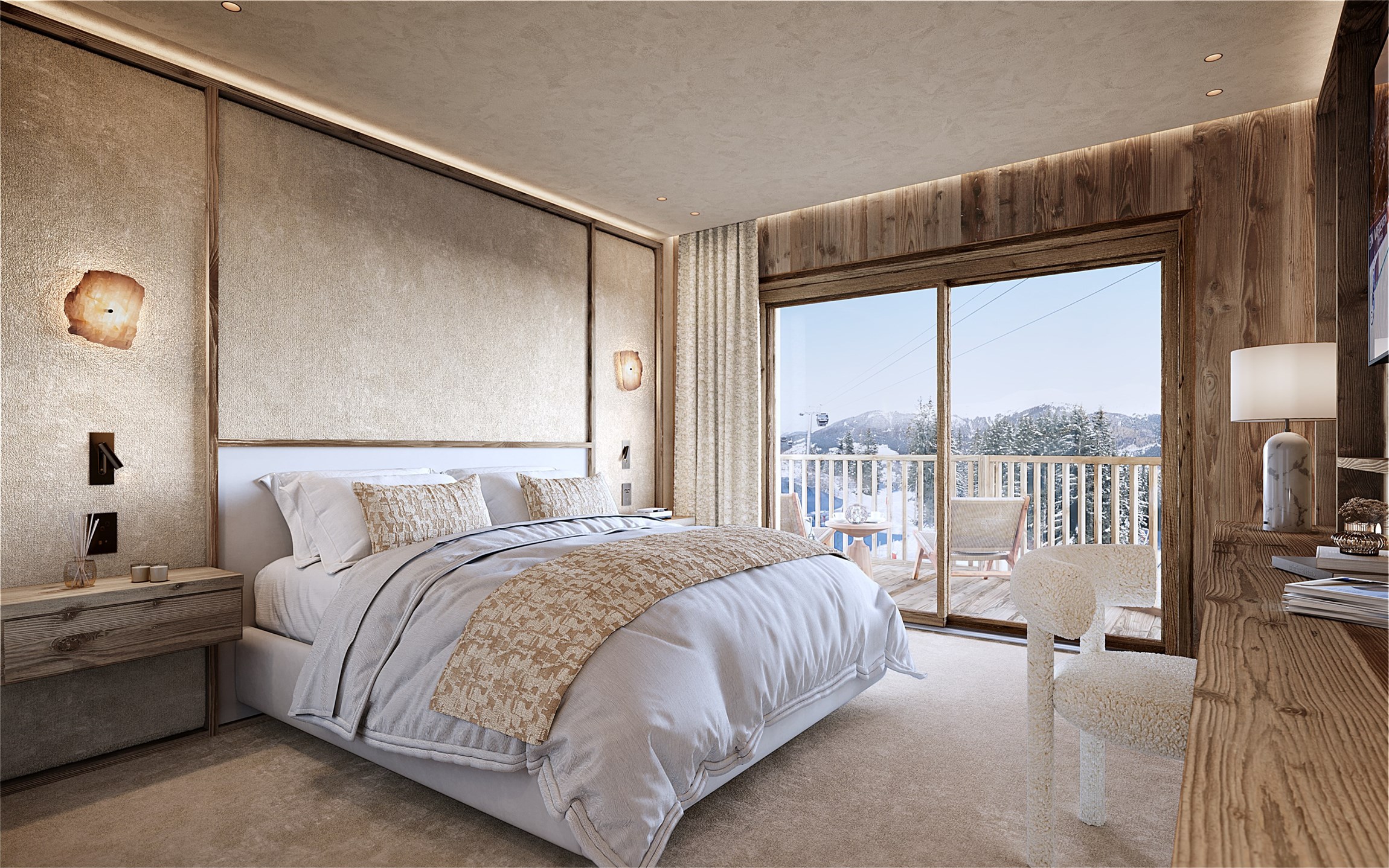 Perspectives 3d  d'une chambre master d'un appartement d'exception dans une résidence haut de gamme à Courchevel