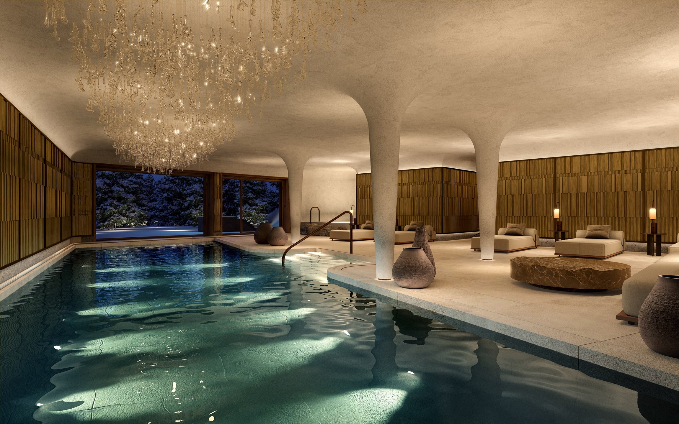 Perspectives 3d de la piscine intérieure d'une résidence haut de gamme à Courchevel