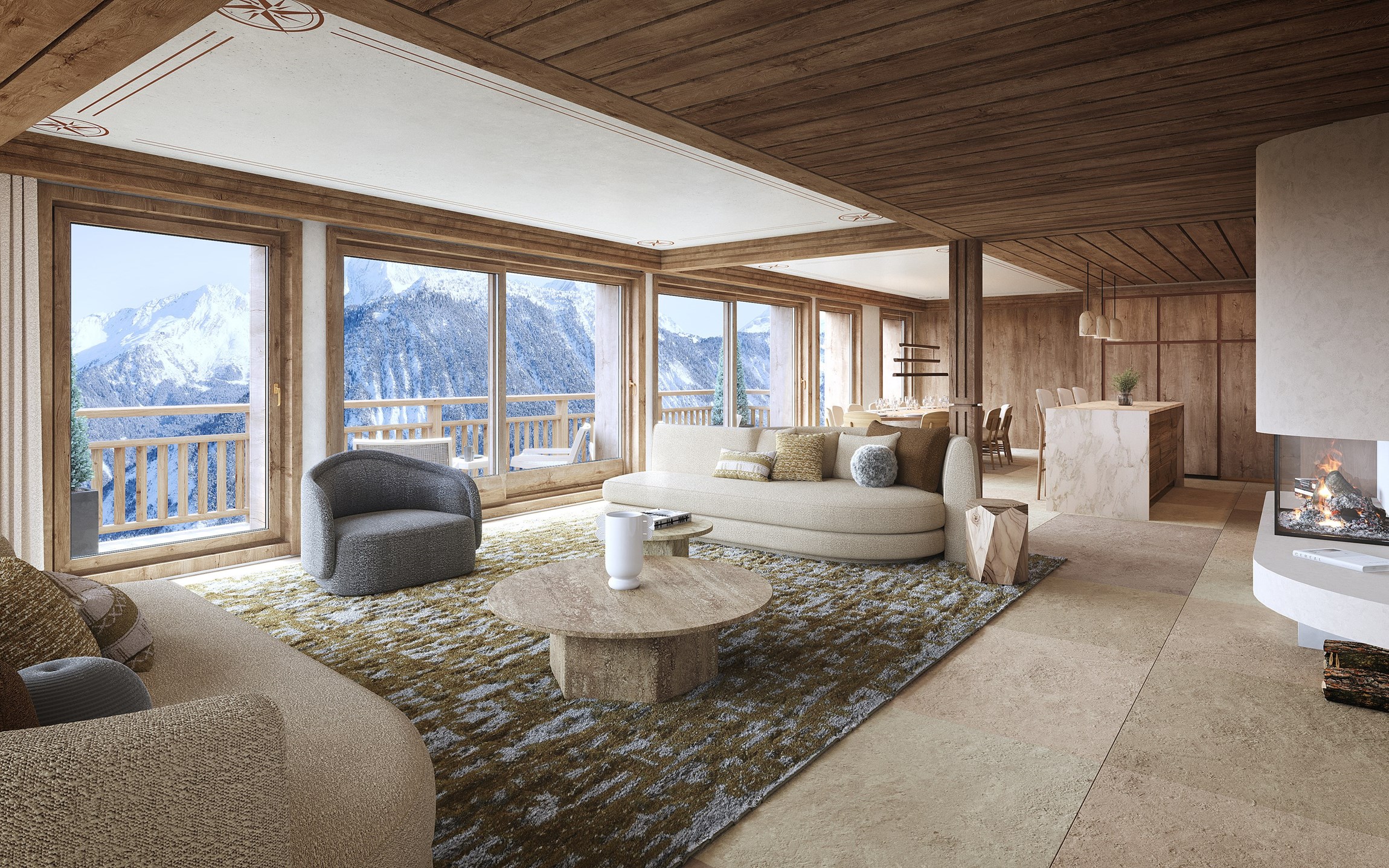 Perspective 3D du salon d'un appartement d'exception dans la résidence Antarès Courchevel
