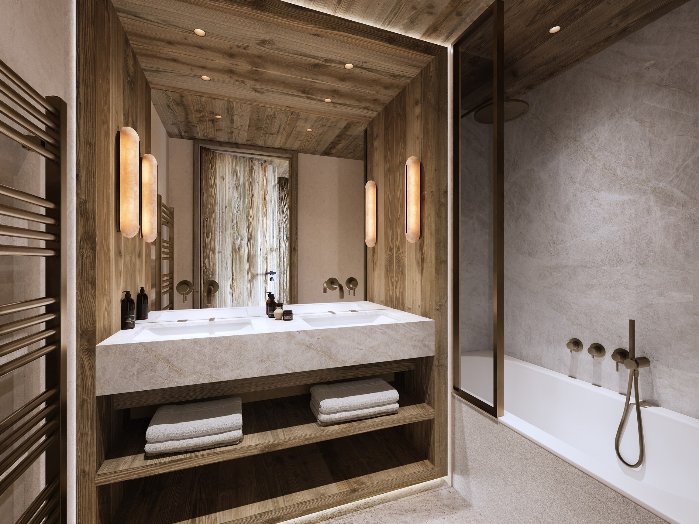 Perspectives 3d de la salle de bain d'un appartement d'une résidence haut de gamme à Courchevel