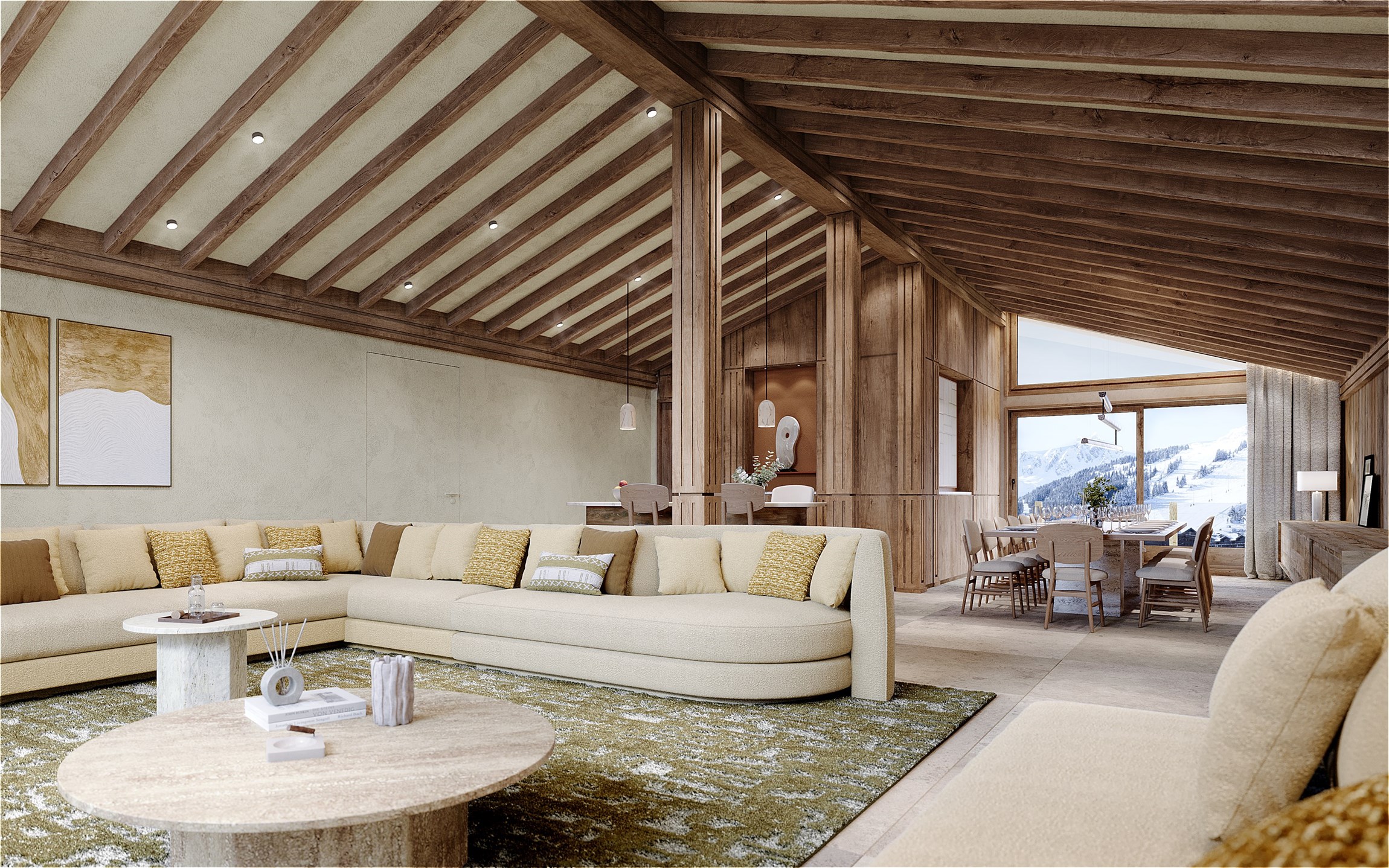 Perspective 3D du séjour d'un appartement attique d'exception d'une résidence haut de gamme à Courchevel