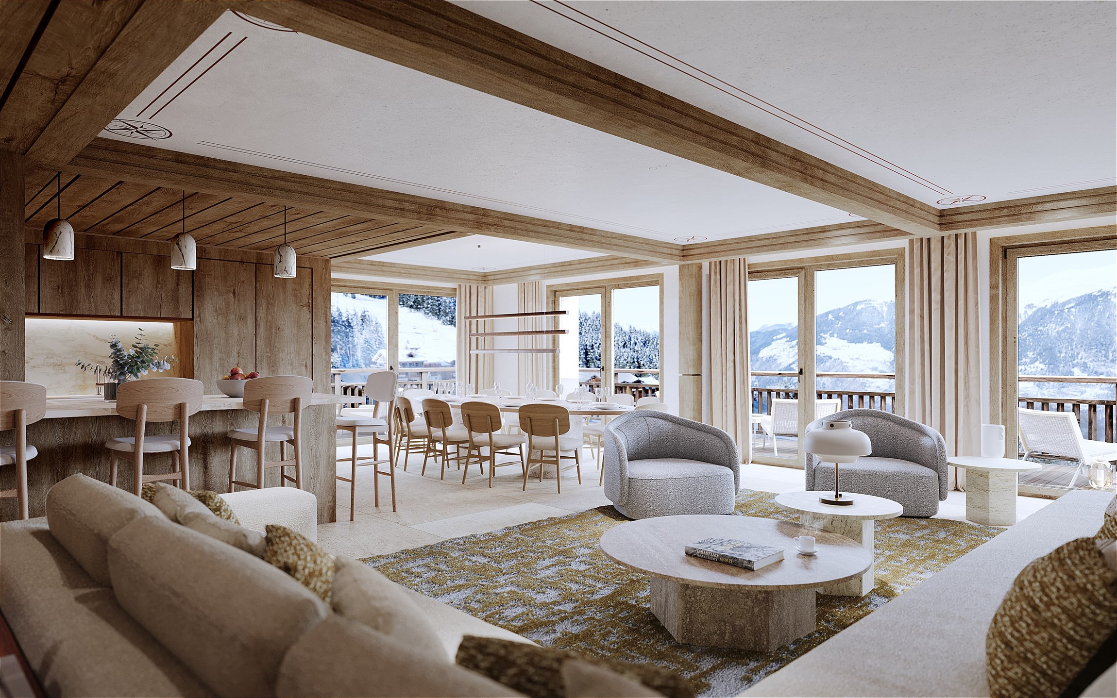 Perspective 3D du séjour d'un appartement d'exception dans la résidence Antarès Courchevel
