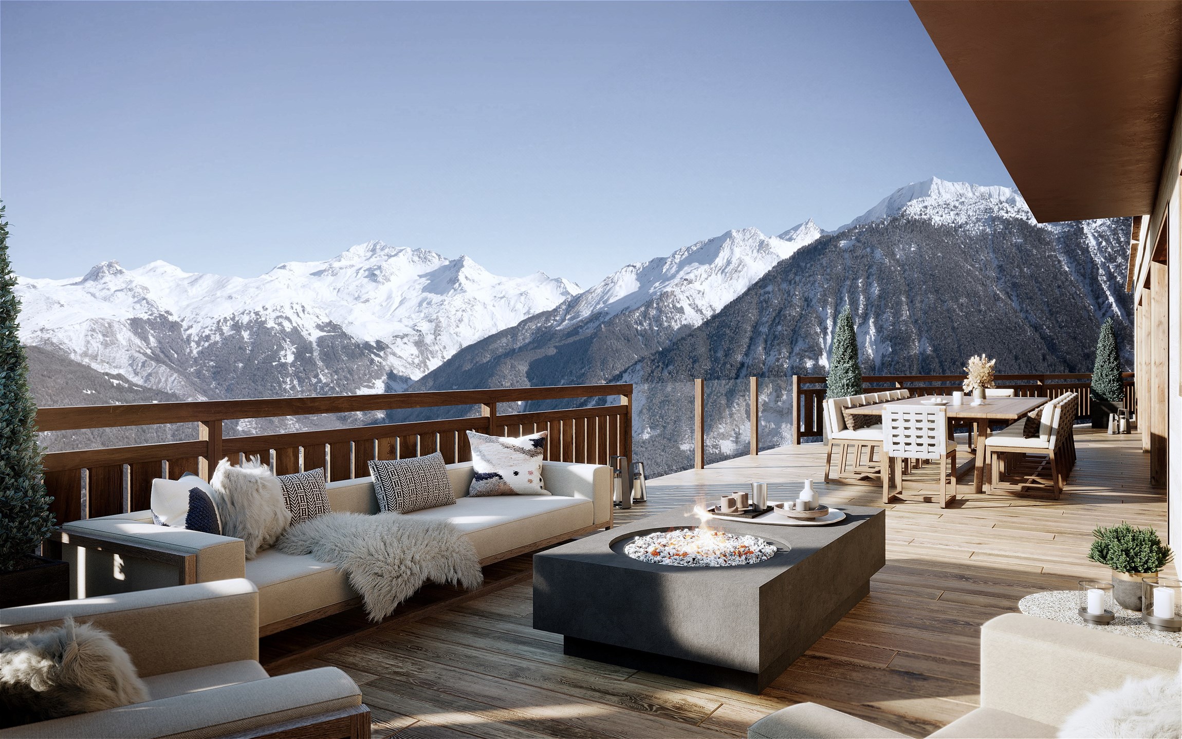 Perspective 3D de la terrasse avec vue d'un appartement d'exception d'une résidence haut de gamme à Courchevel