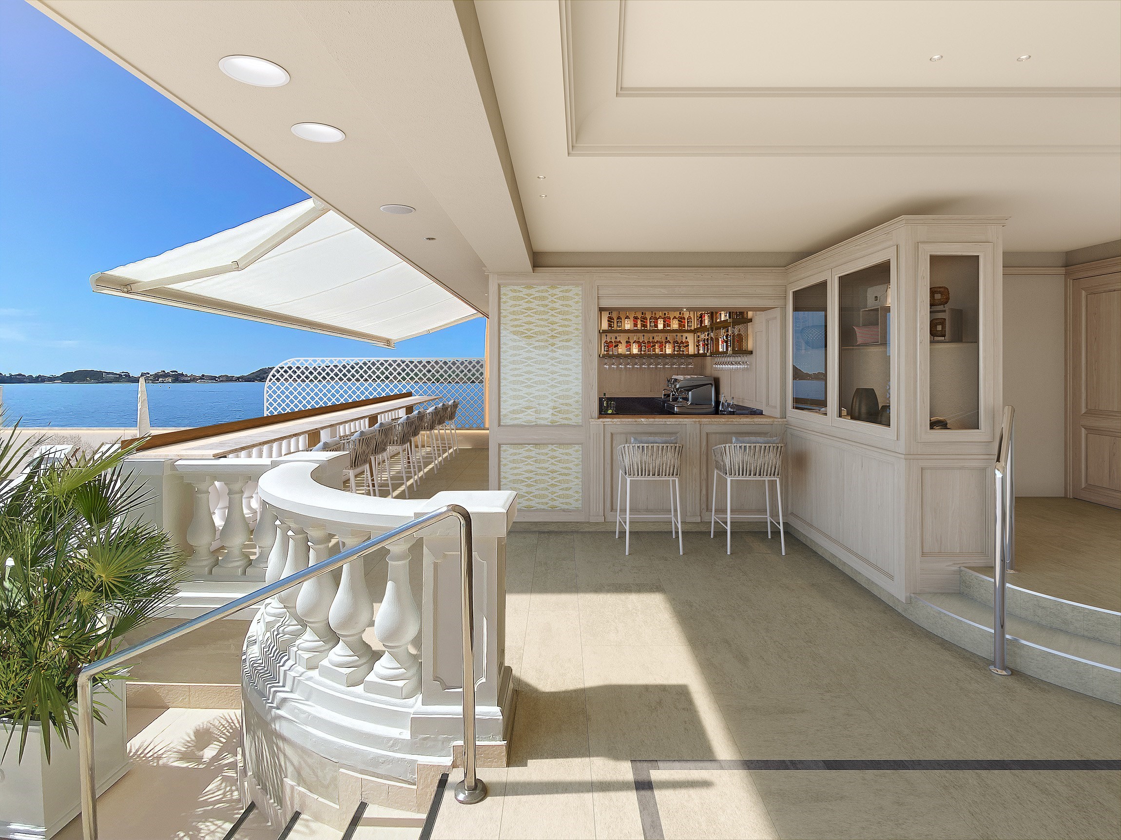Perspective 3D du bar de la piscine d'un hôtel de luxe mythique de la Côte d'Azur