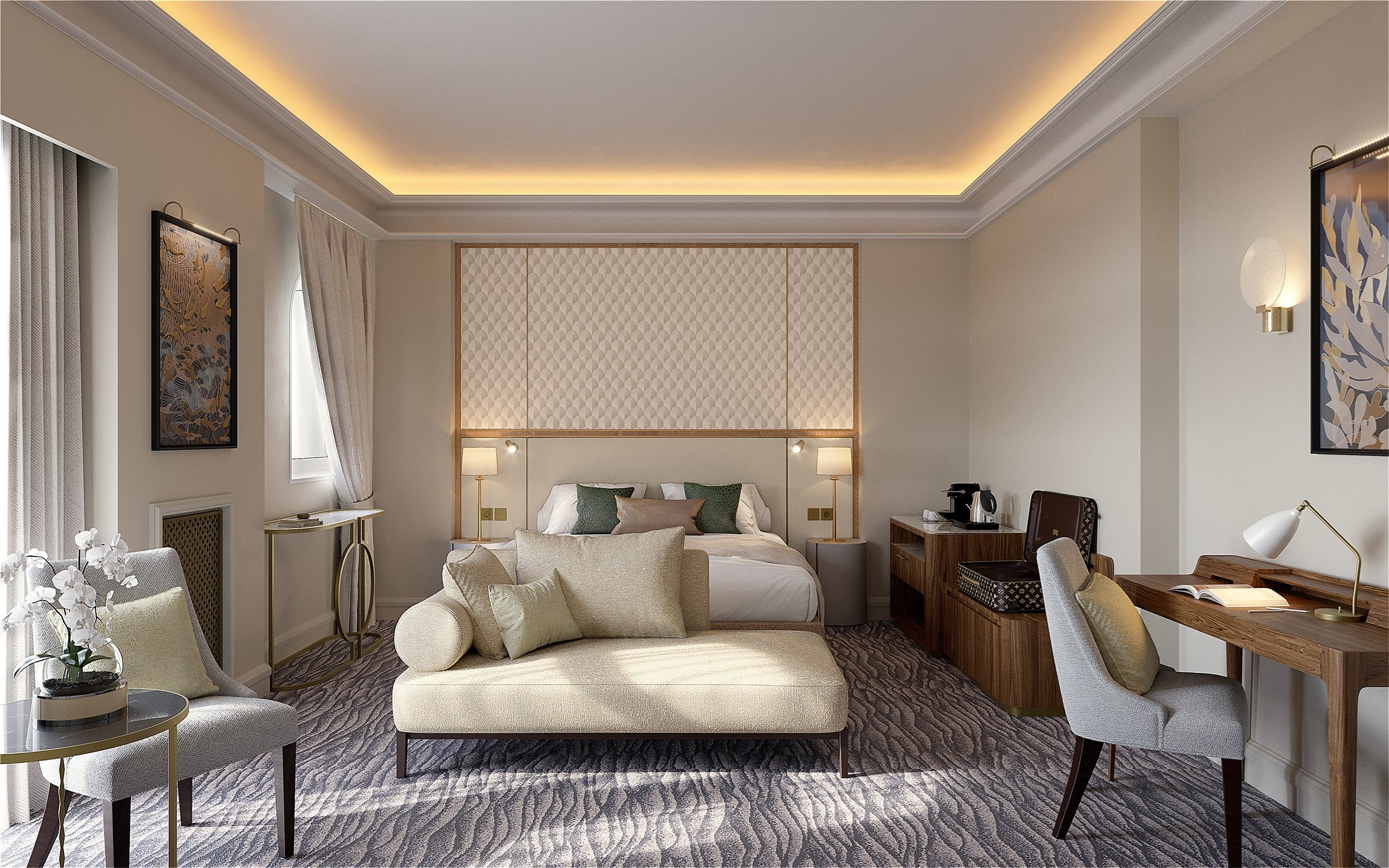 Perspective 3D d'une junior suite d'un hôtel de luxe mythique de la Côte d'Azur