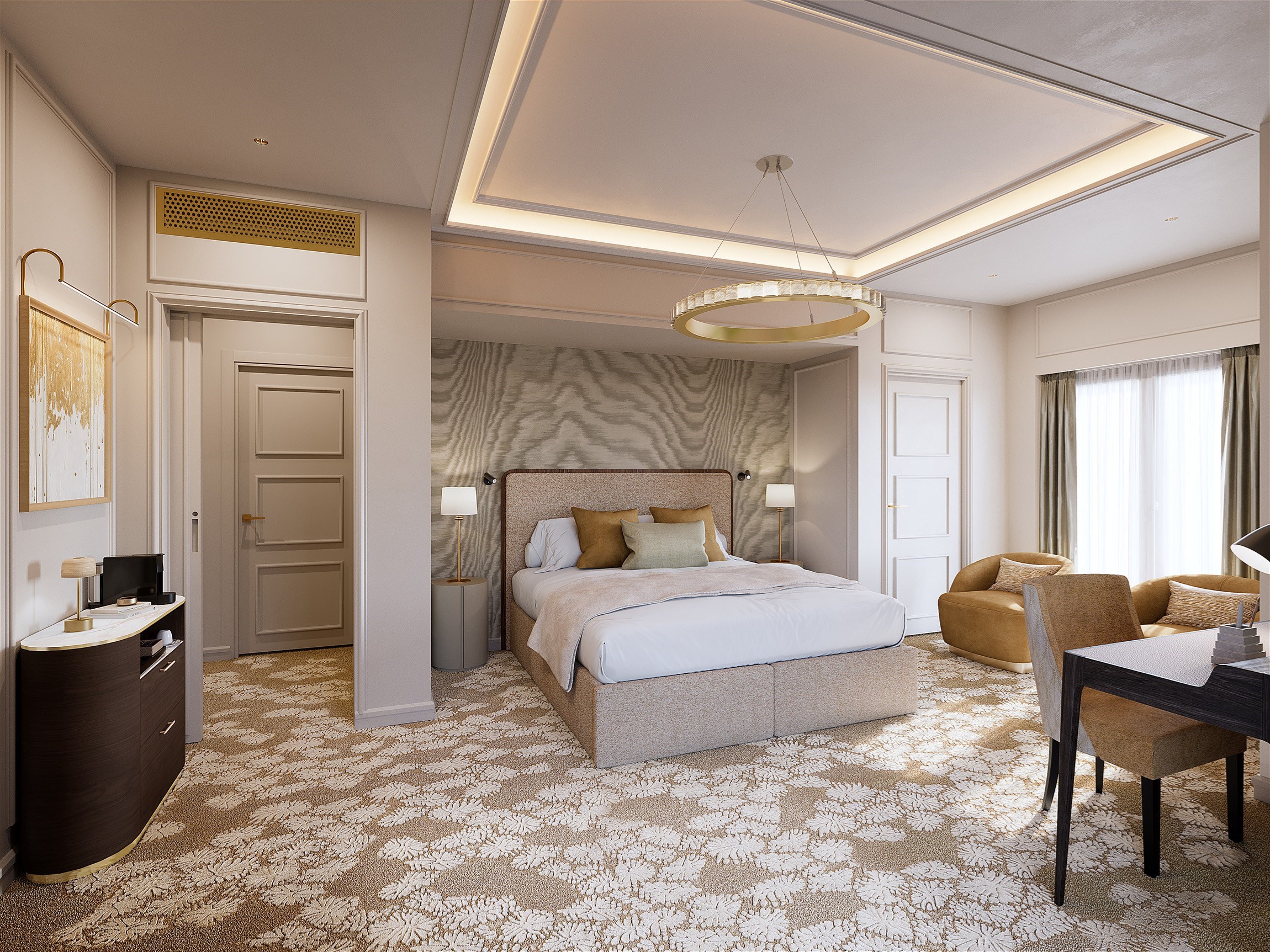 Perspective 3D d'une suite avec vue sur mer d'un hôtel de luxe mythique de la Côte d'Azur