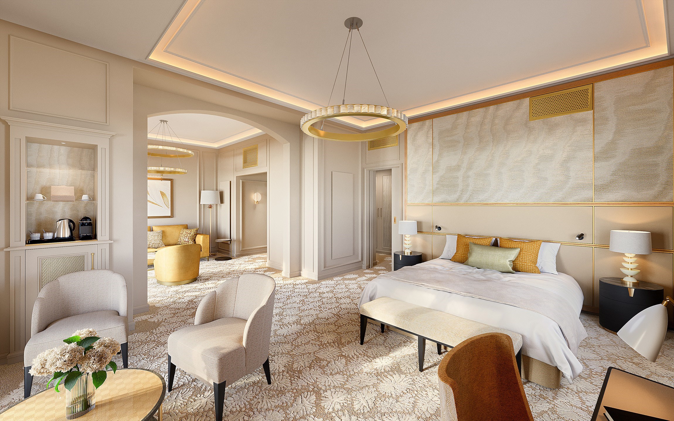 Perspective 3D de la chambre d'une suite vue mer d'un hôtel de luxe mythique de la Côte d'Azur