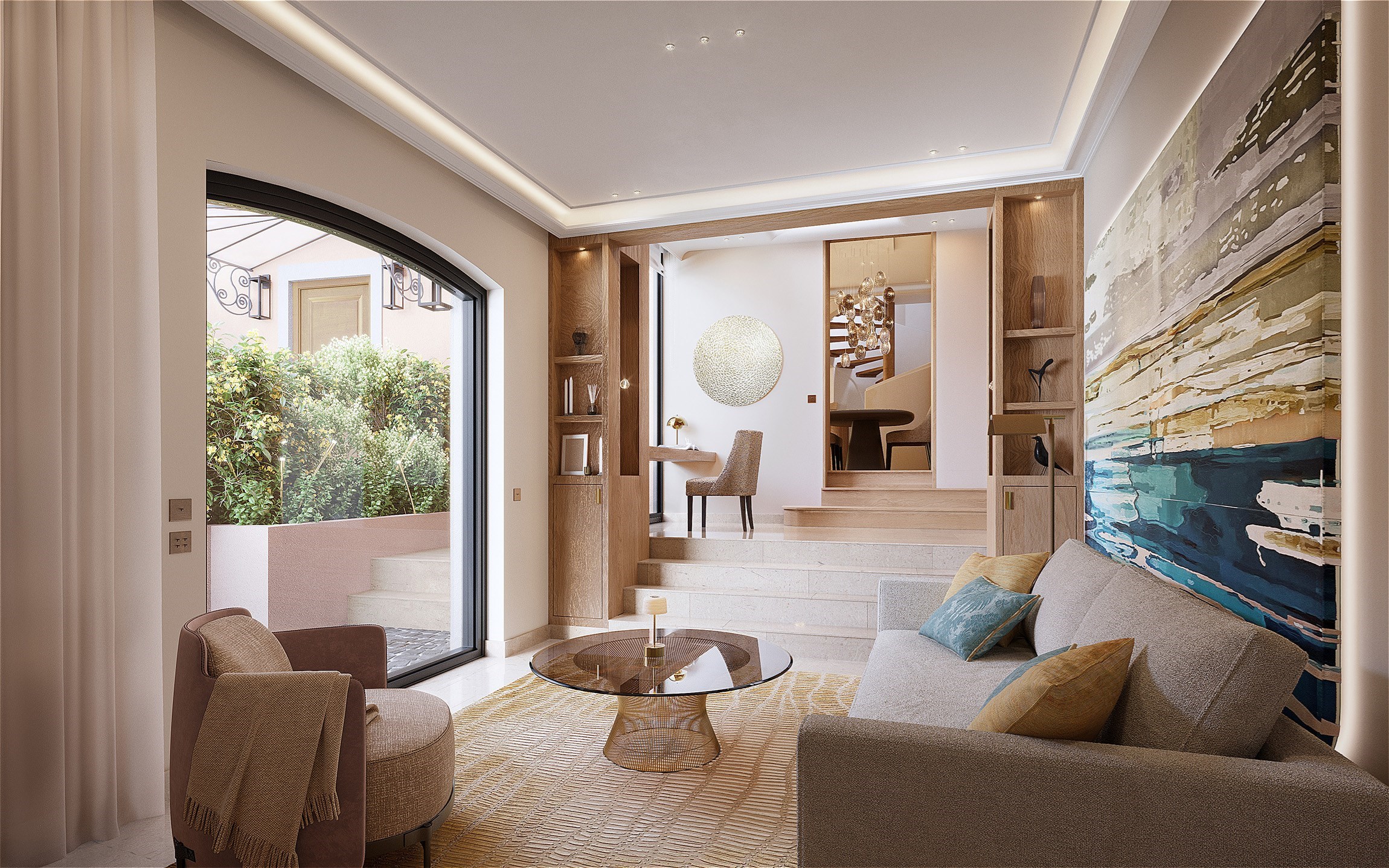 Perspective 3D du salon d'une suite sur le pavillon jardin d'un hôtel de luxe mythique de la Côte d'Azur