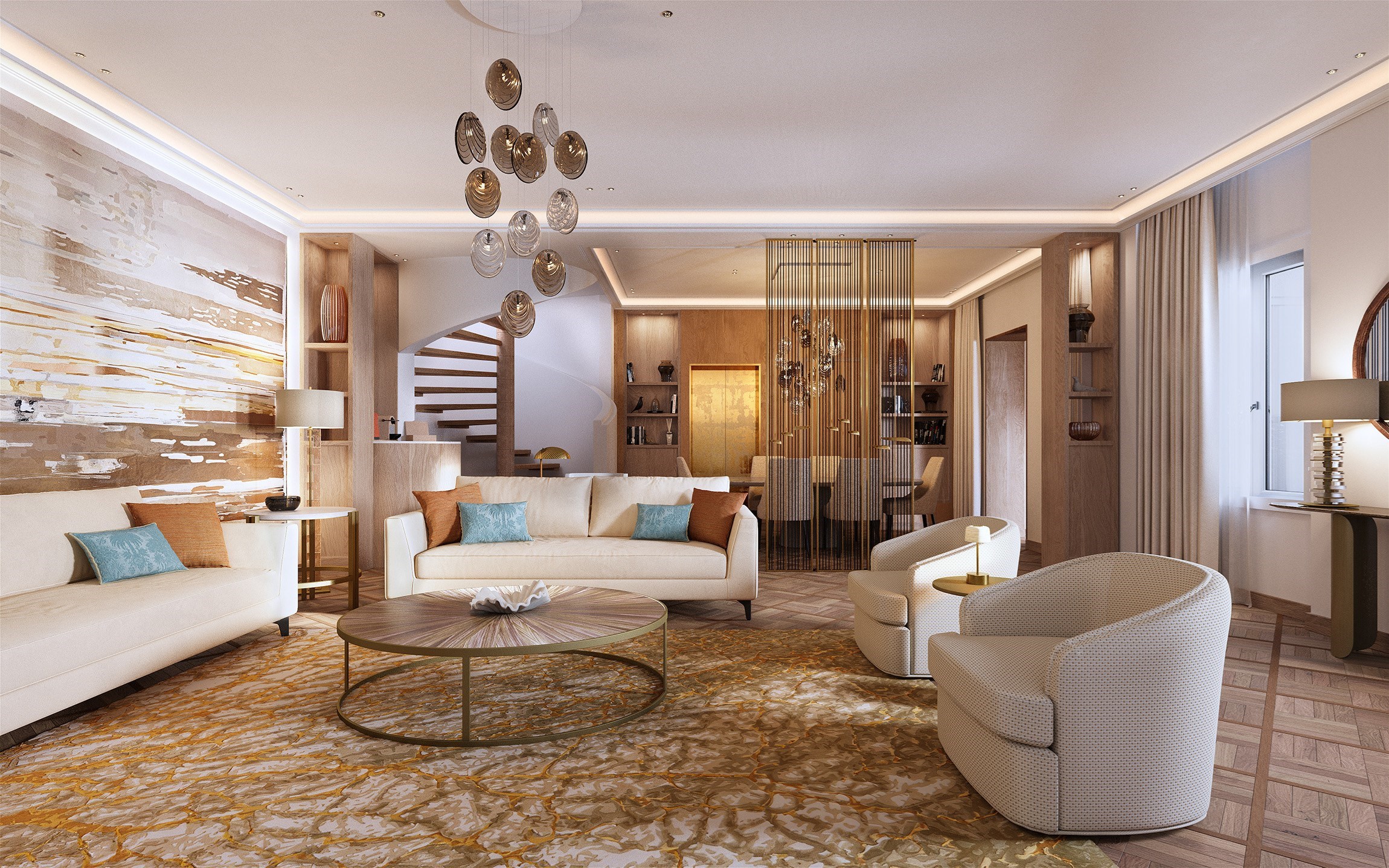 Perspective 3D du salon d'une suite villa d'un hôtel de luxe mythique de la Côte d'Azur