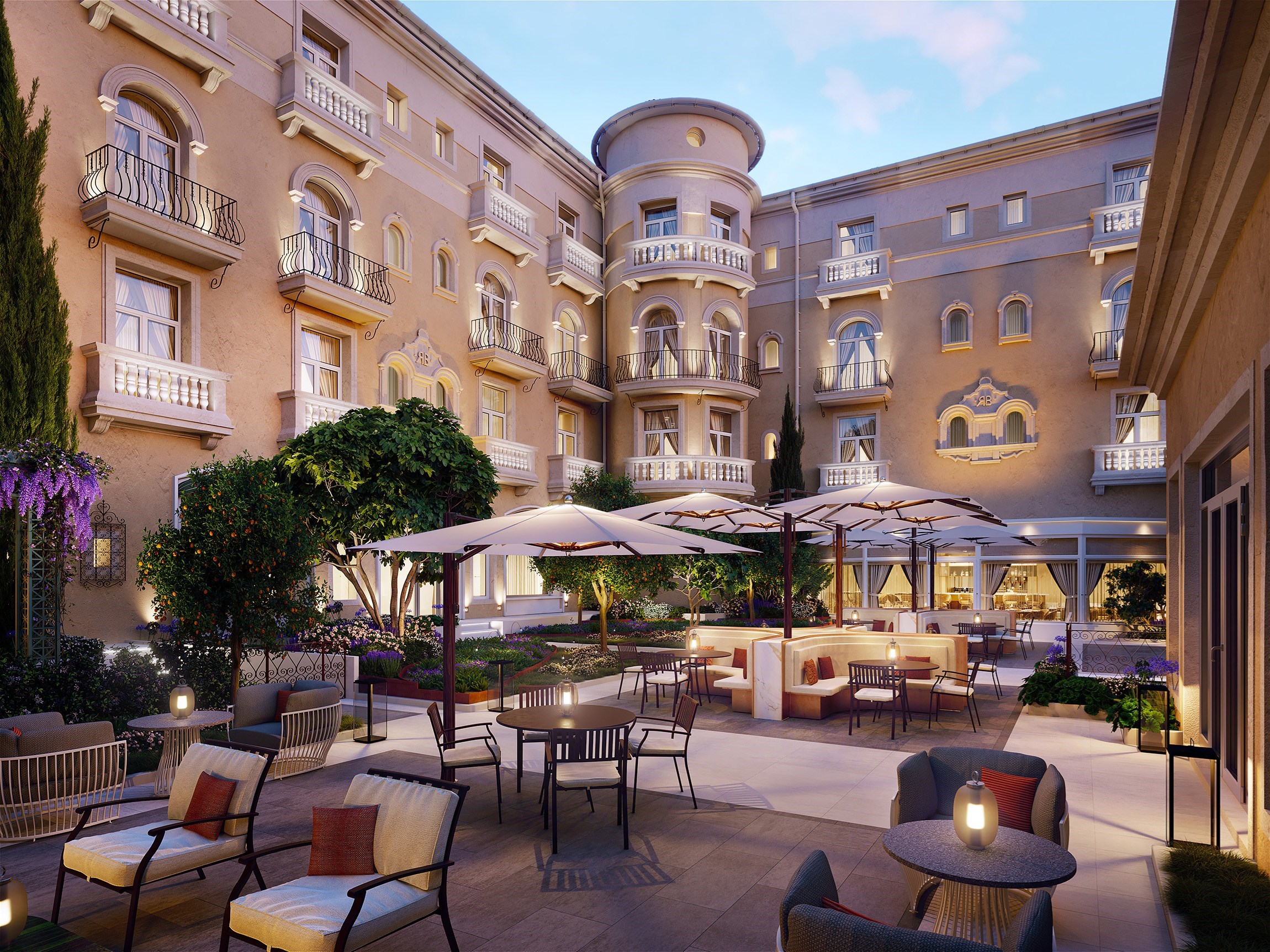 Perspective 3D de la terrasse, en golden hour, d'un hôtel de luxe mythique de la Côte d'Azur