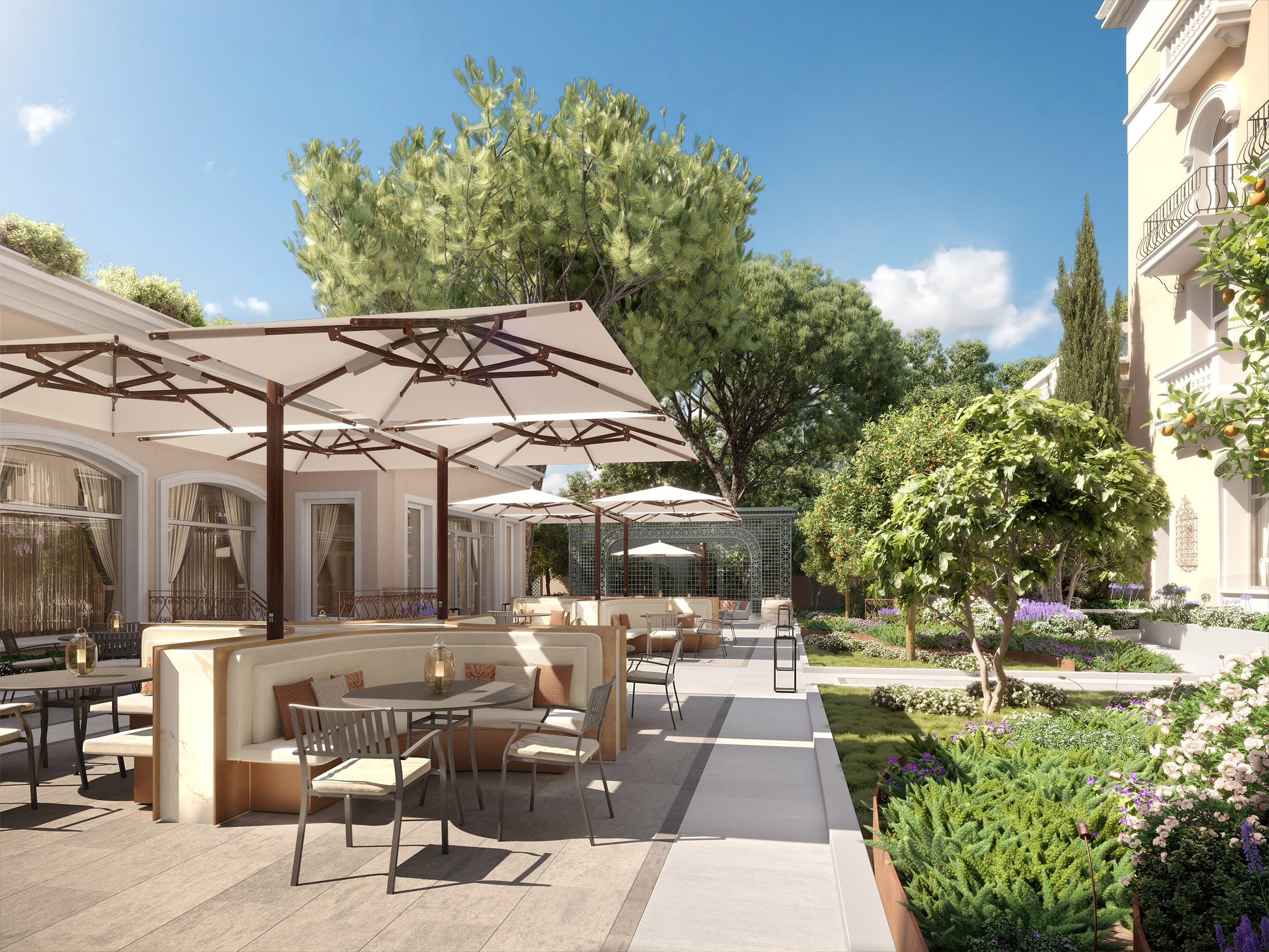 Perspective 3D de la terrasse du restaurant d'un hôtel de luxe mythique de la Côte d'Azur