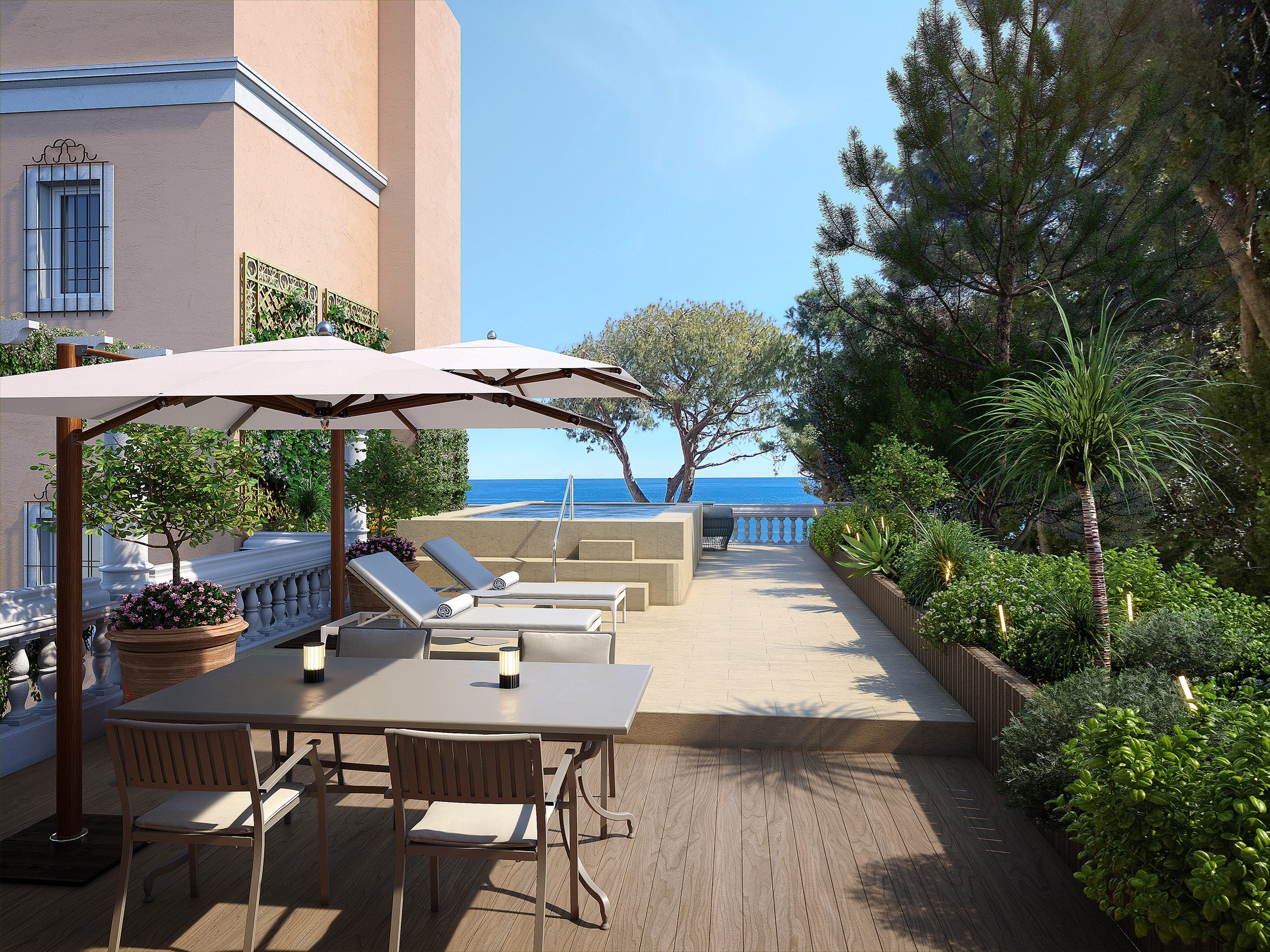 Perspective 3D de la terrasse privée avec piscine et vue mer, d'une suite d'un hôtel de luxe mythique de la Côte d'Azur 