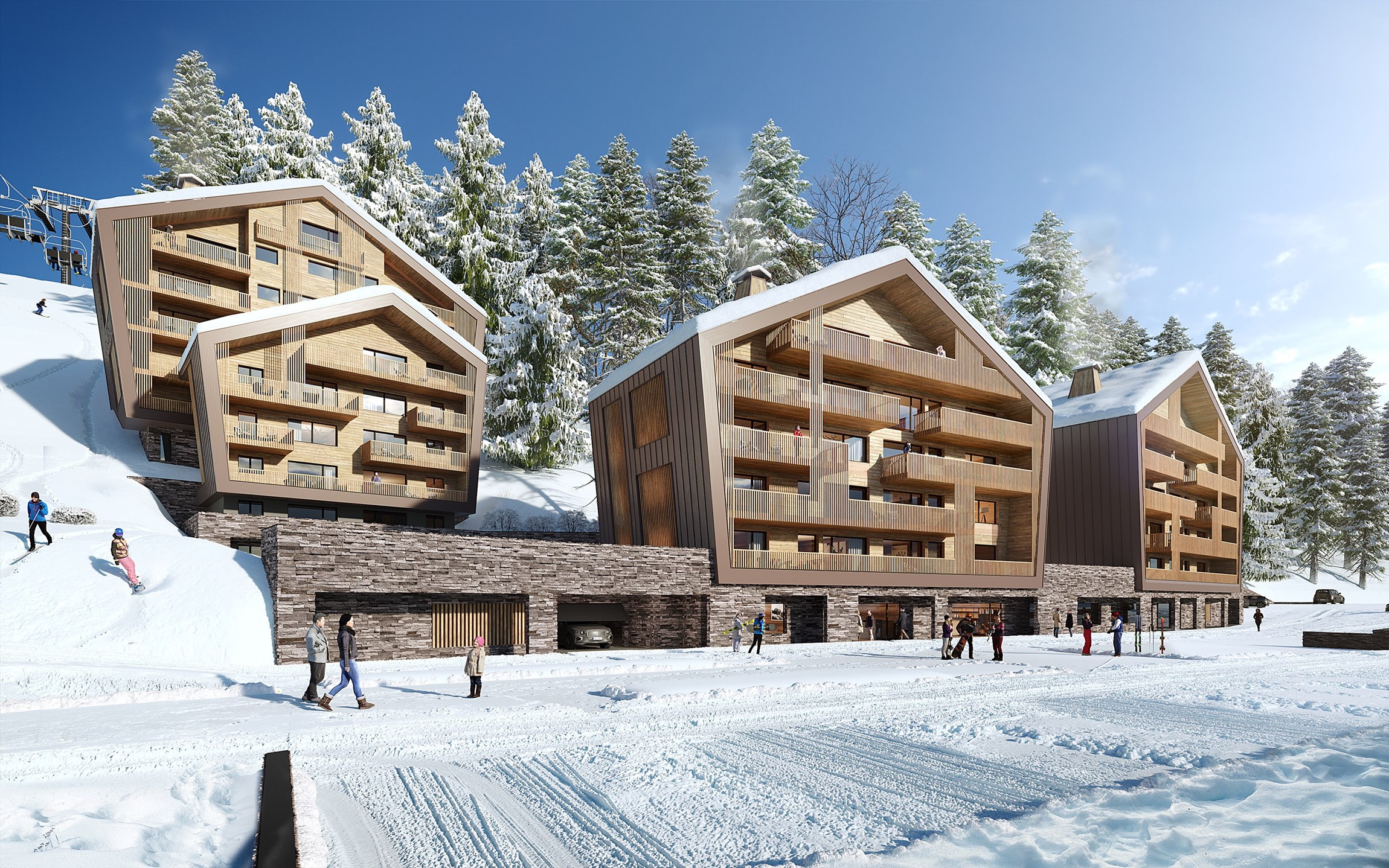 Perspective 3D de l'extérieur enneigé d'une résidence haut de gamme 4 étoiles, de bois et de pierres, en Suisse