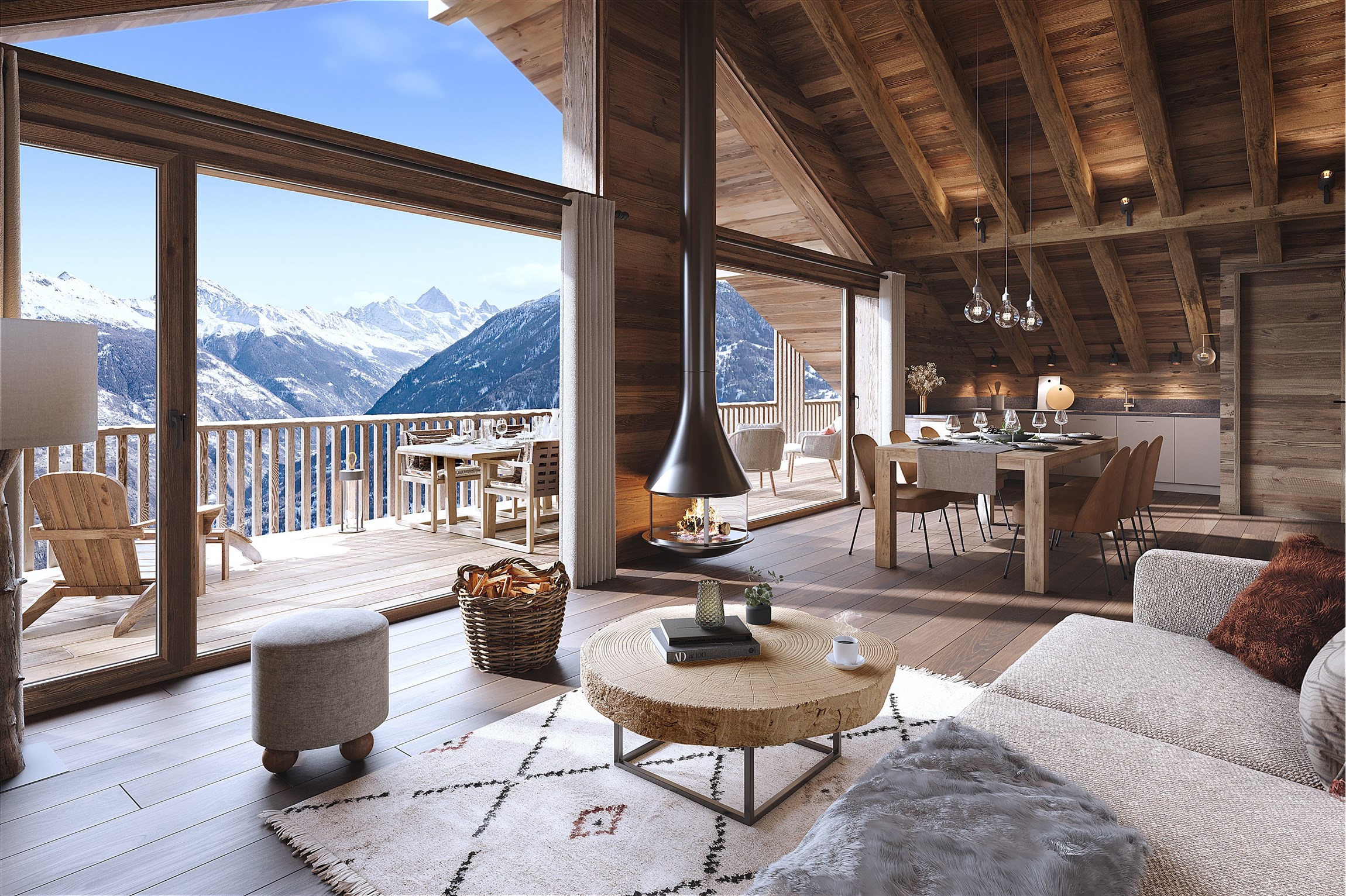 Perspective 3D du séjour avec cheminée et terrasse avec vue, d'un appartement attique d'une résidence haut de gamme 4 étoiles en Suisse
