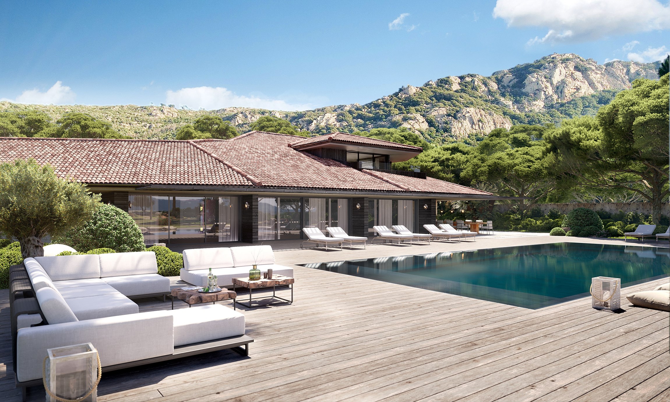 Rendu 3D photoréaliste d'une villa de luxe avec piscine en ​Corse