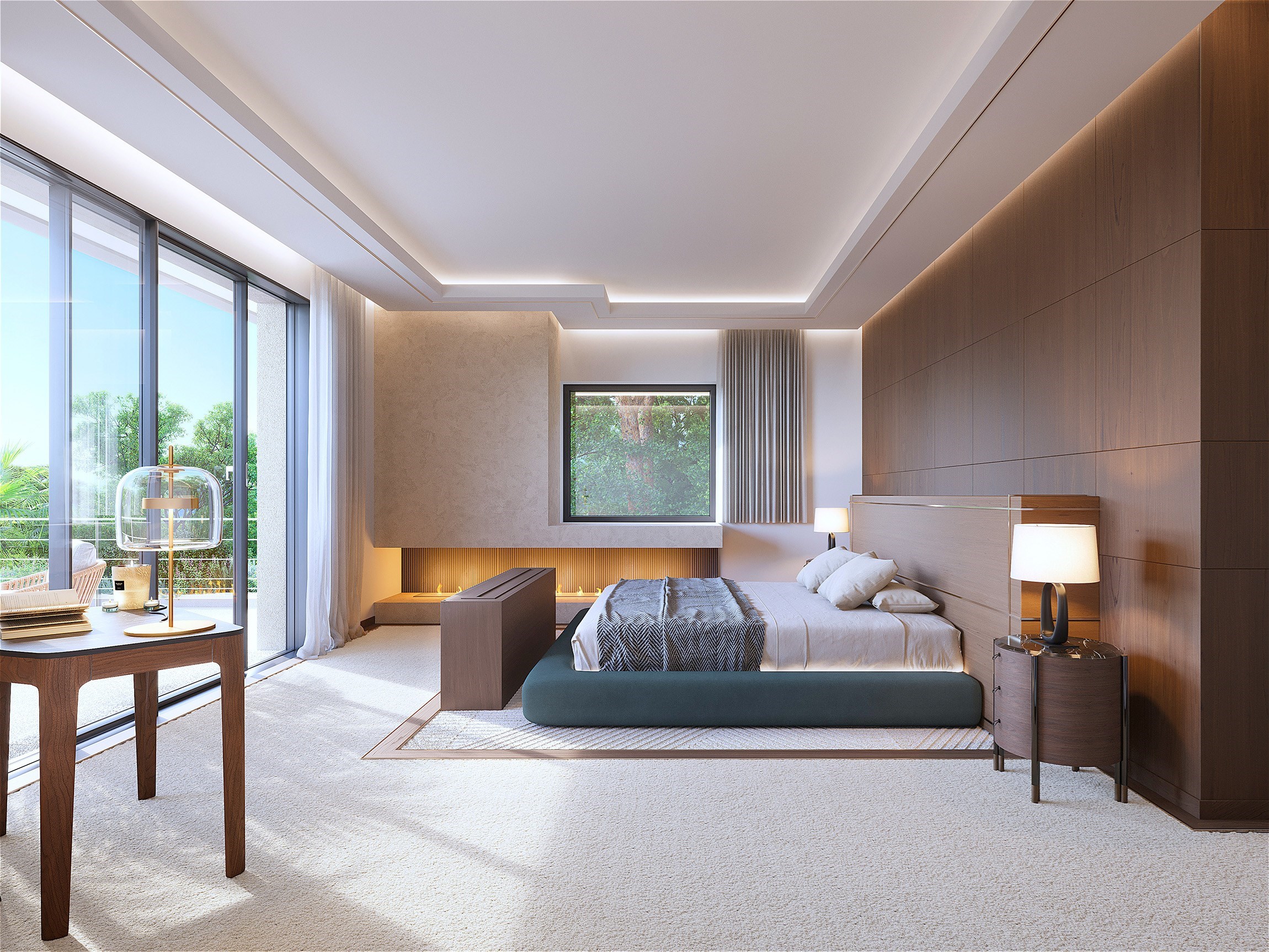 Rendu 3D photoréaliste de la chambre master avec ses grandes baies vitrées et sa vue mer, d'une luxueuse villa contemporaine à Cannes