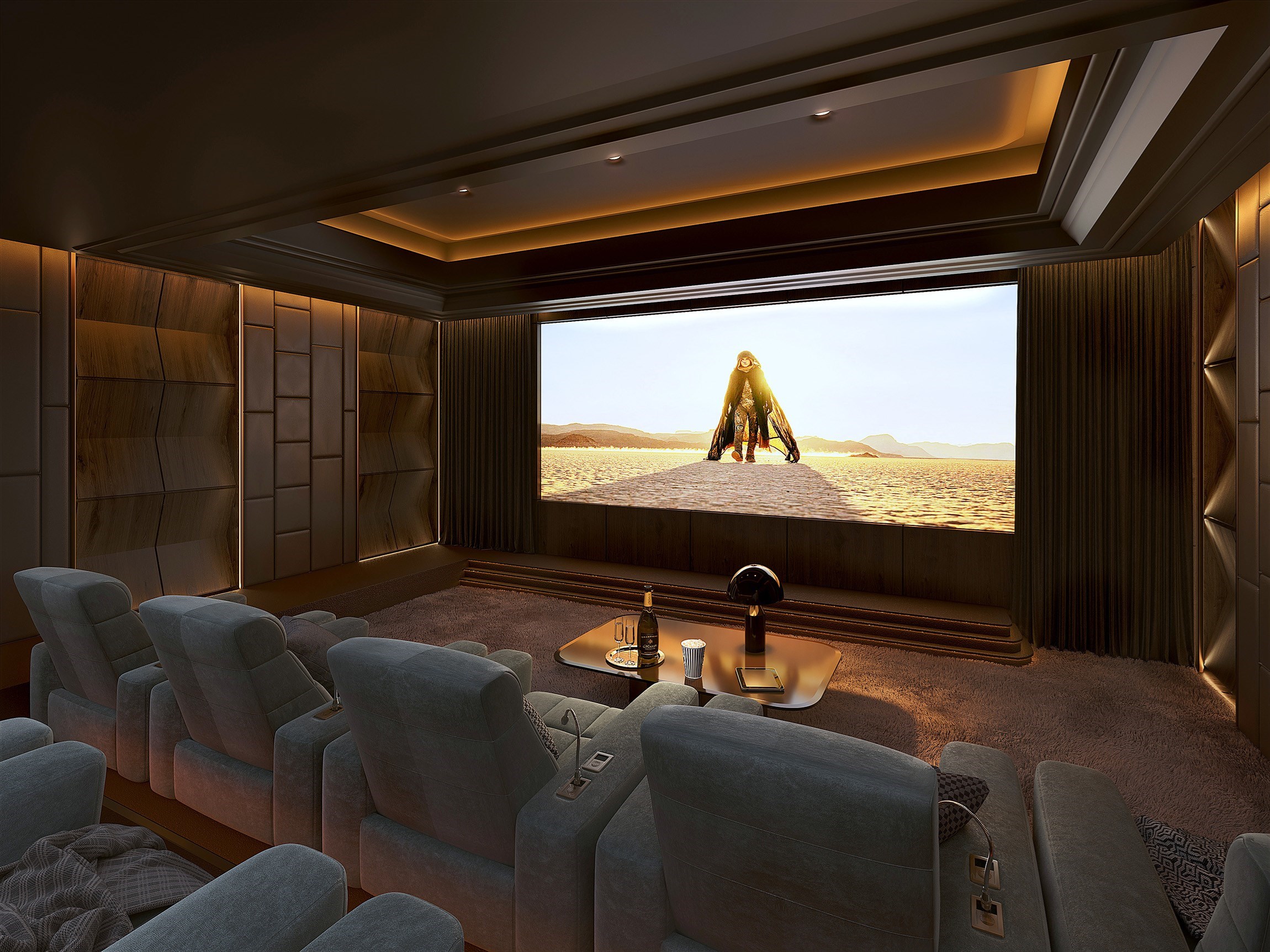 Rendu 3D du home cinéma aux finitions nobles d'une luxueuse villa contemporaine à Cannes