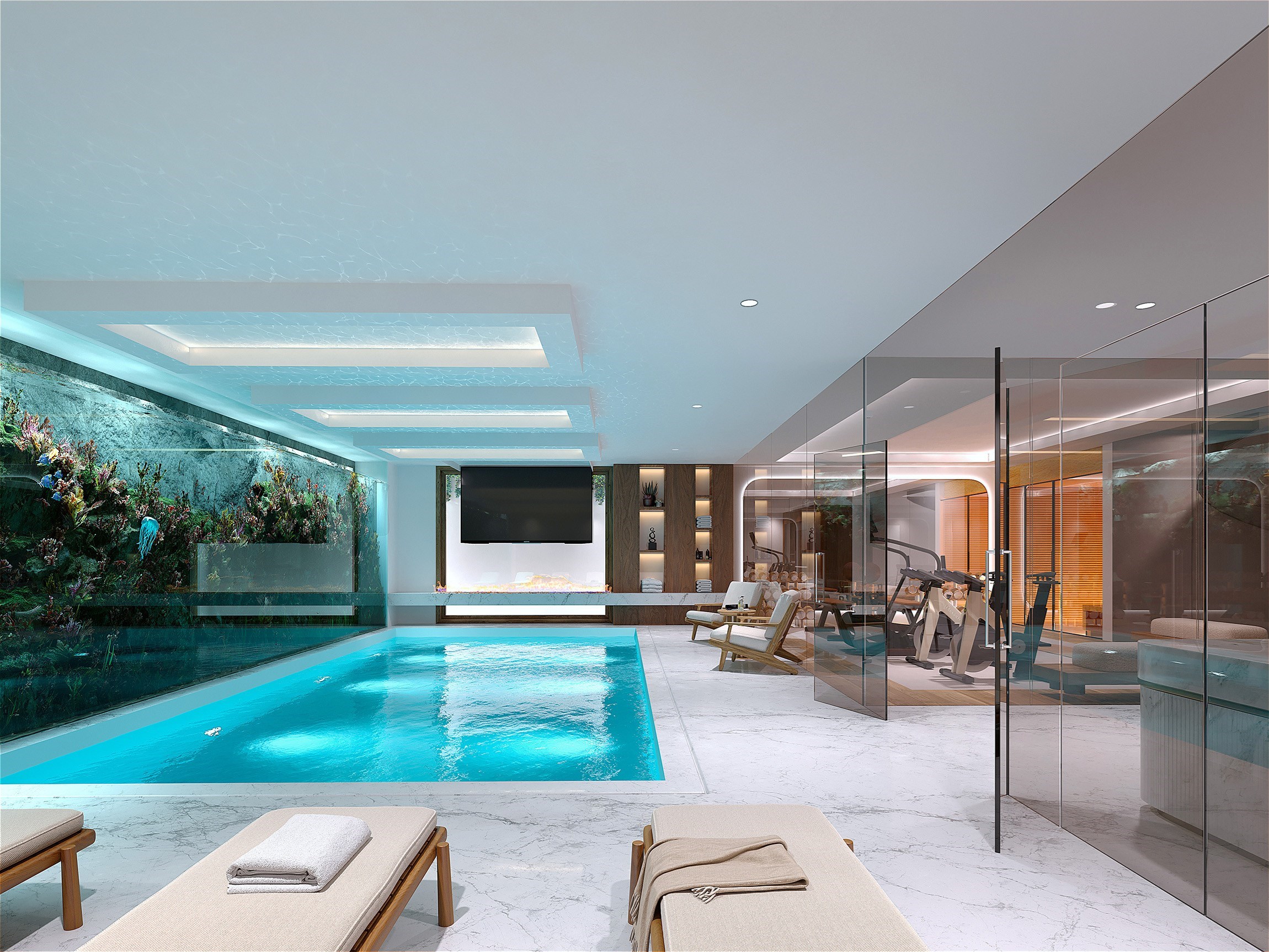 Perspective 3D de l'espace bien-être, piscine et fitness d'une villa contemporaine dans la baie de Cannes