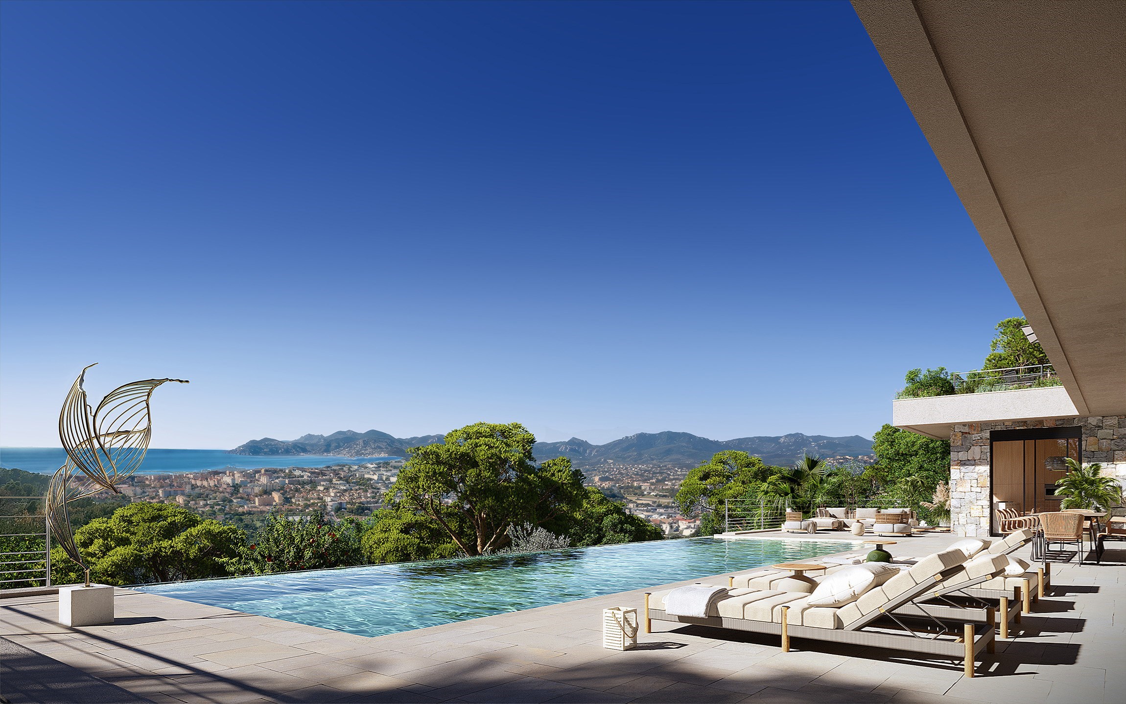 Perspective 3D de la terrasse avec piscine et œuvre d'art d'une villa contemporaine de luxe dans les hauteurs de Cannes