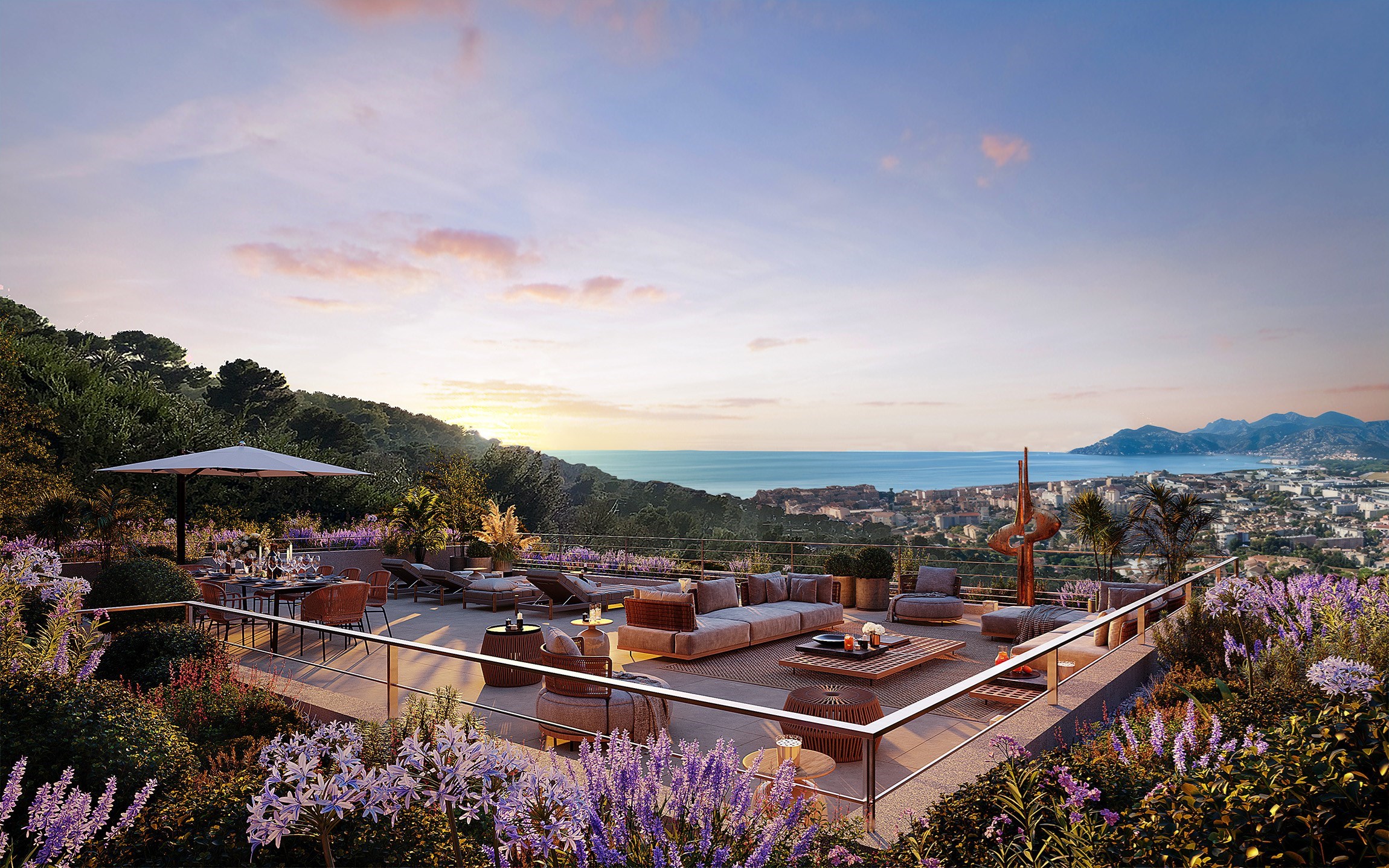 Perspective 3D de la terrasse rooftop en fin de journée, d'une villa contemporaine de luxe sur les hauteurs de Cannes