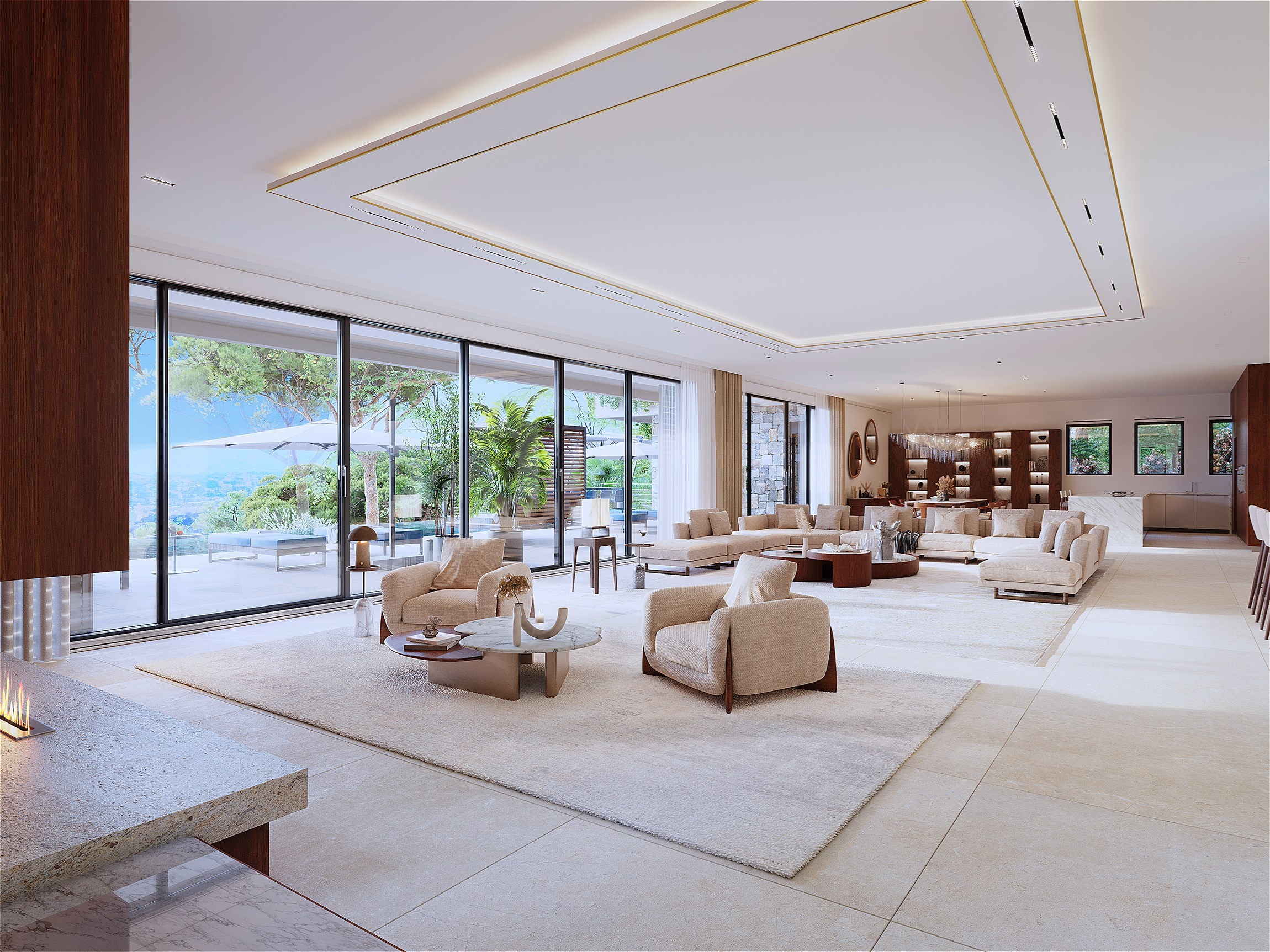 Perspective 3d du salon séjour d'une villa de luxe dans les hauteurs de la baie de Cannes