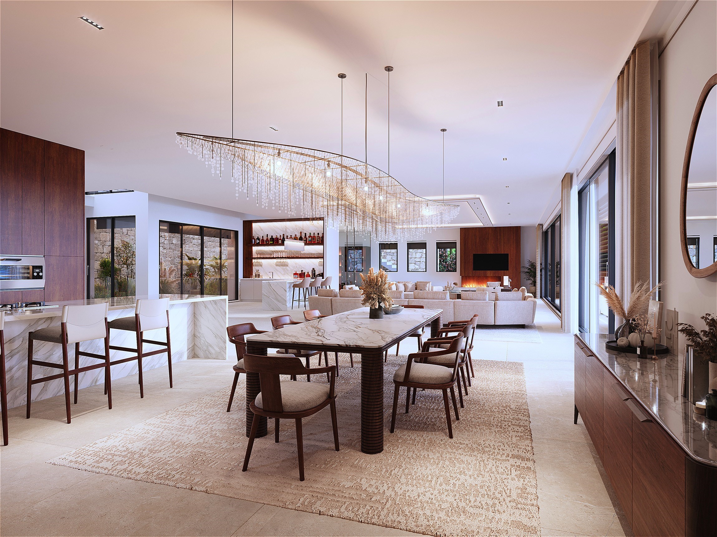 Rendu 3D photoréaliste de la pièce de vie d'une villa contemporaine à Cannes, baignée de lumière naturelle et habillée de matériaux nobles