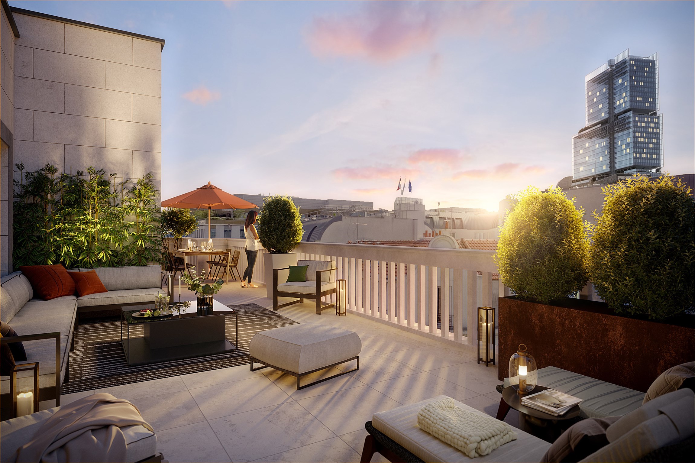 Perspective 3D d'une terrasse d'un appartement parisien en fin de journée