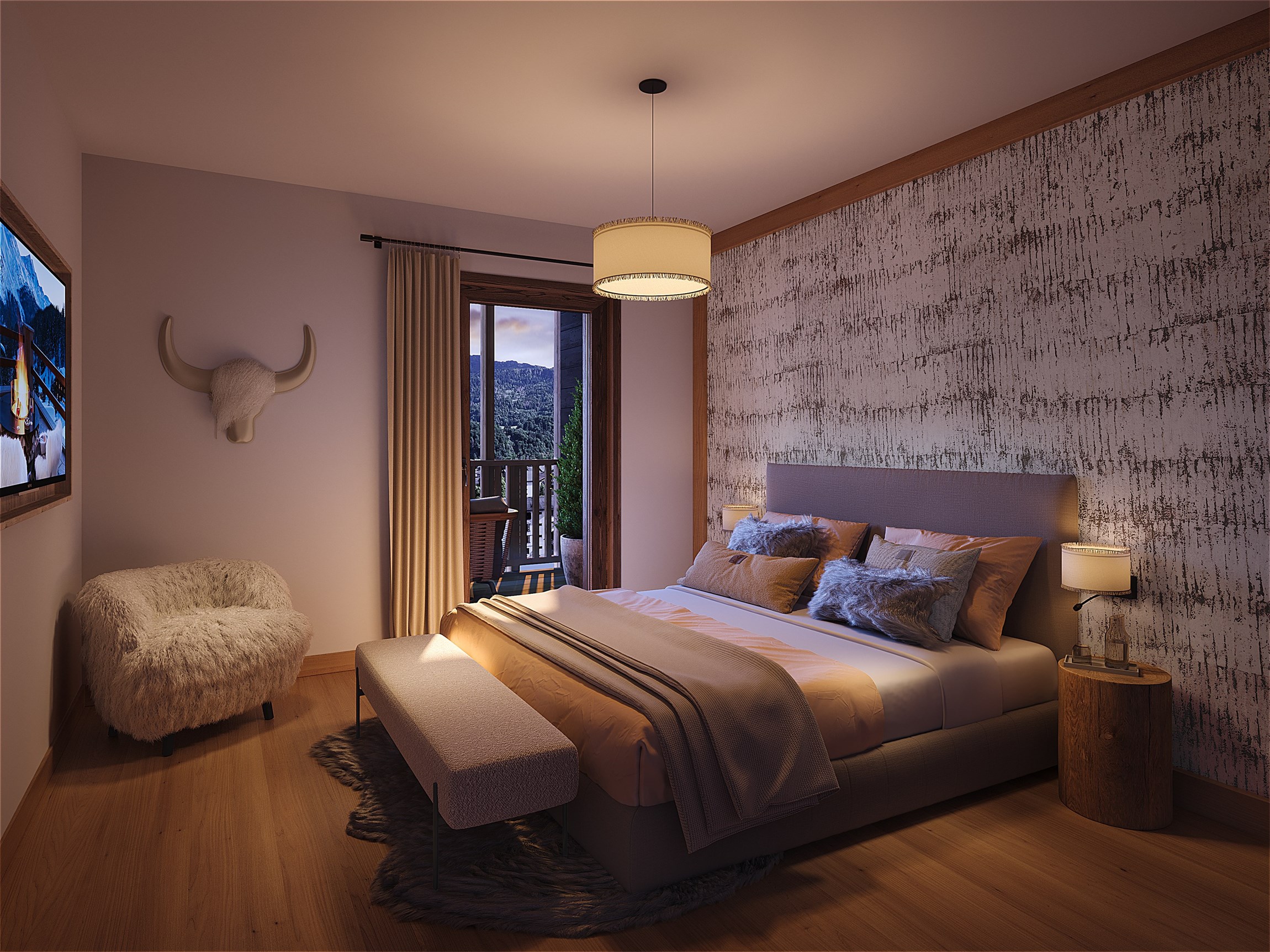 Perspective 3d photoréaliste d'une chambre master de la résidence Sinaya, à Samoëns