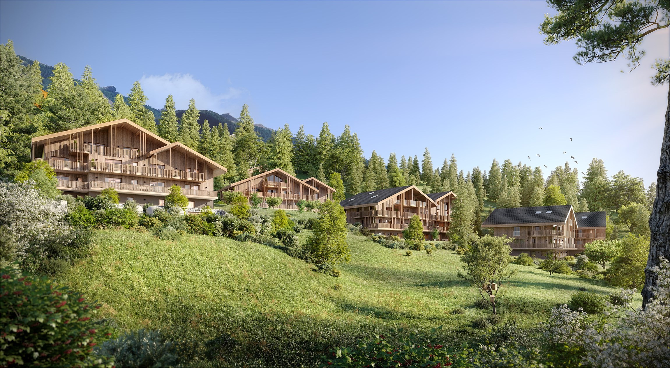 Perspective 3d photoréaliste extérieure, d'été, de la résidence Sinaya, à Samoëns