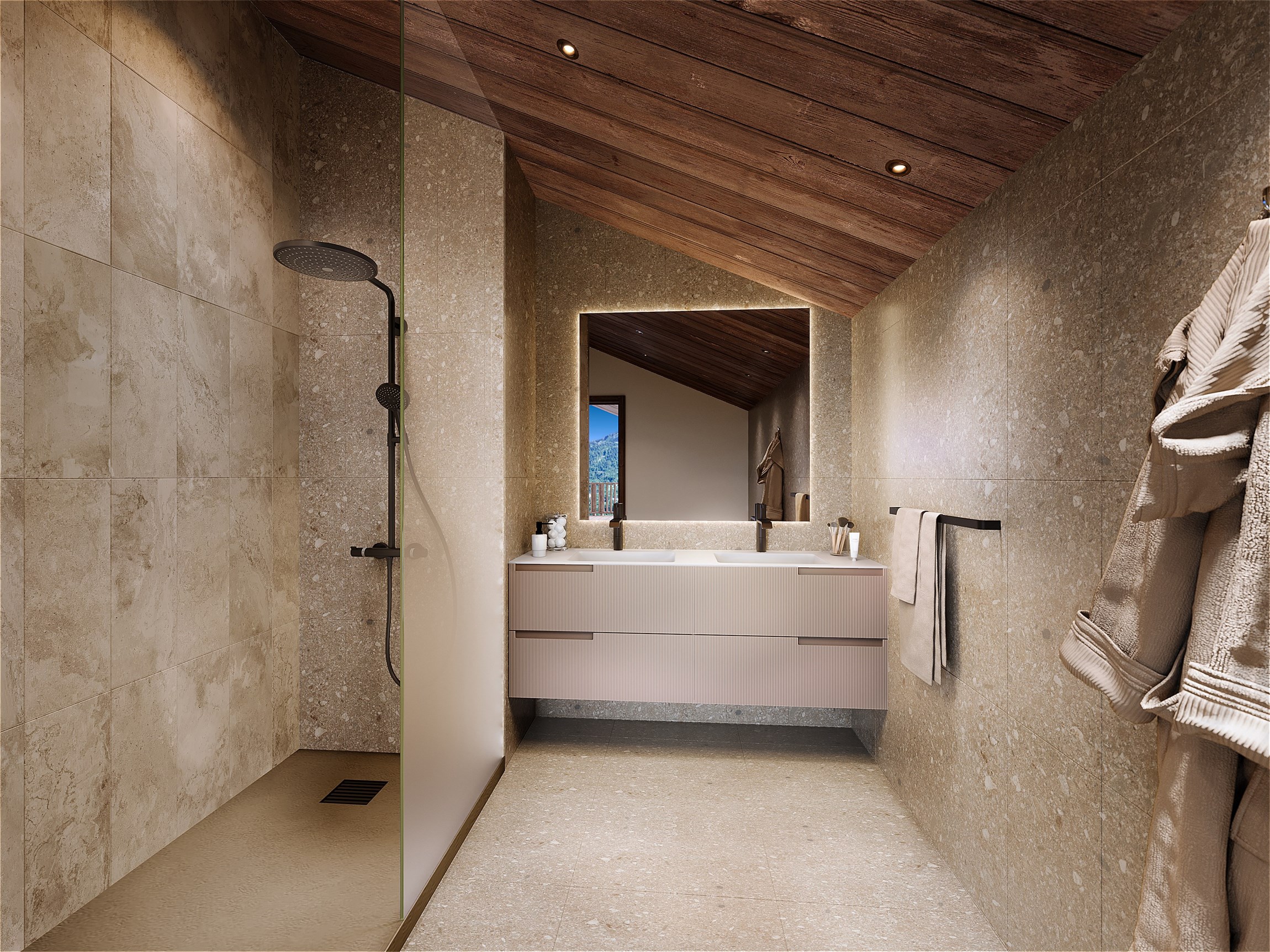 Perspective 3d photoréaliste d'une salle de bain de la résidence Sinaya, à Samoëns